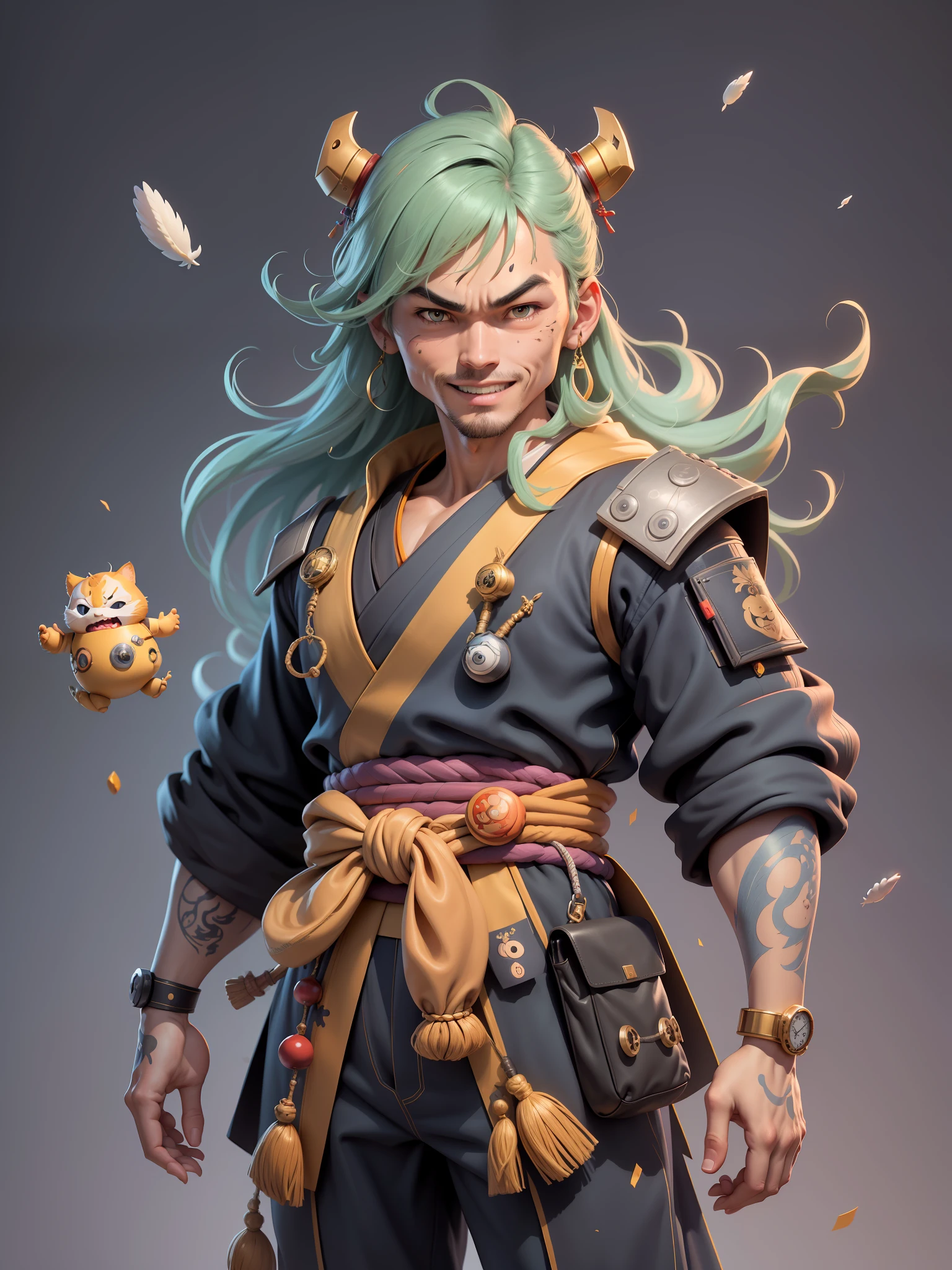 (Masterpiece), (Excellente), (Super meticulous), (corps entier: 1.2), Super jeune homme avec une geisha japonaise, beautiful woman, Dragon chinois, tigre, Dieu du vent Thor, sexy, Burst, Oriental Face, TV presenter, Illustration de portrait de buste, costume noir, Cravate bleue, slightly chubby, Very clean face, Pas de barbe, Cheveux super courts noirs, yeux noirs, Sourire confiant, Sous-produits informatiques 3c, The iPad, iPhone, digital painting, Conception 3D des personnages par Mark Claireden et Pixar et Hayao Miyazaki et Akira Toriyama, The illustration is a high-definition illustration in 4K resolution with highly detailed facial features and cartoon-style visuals.