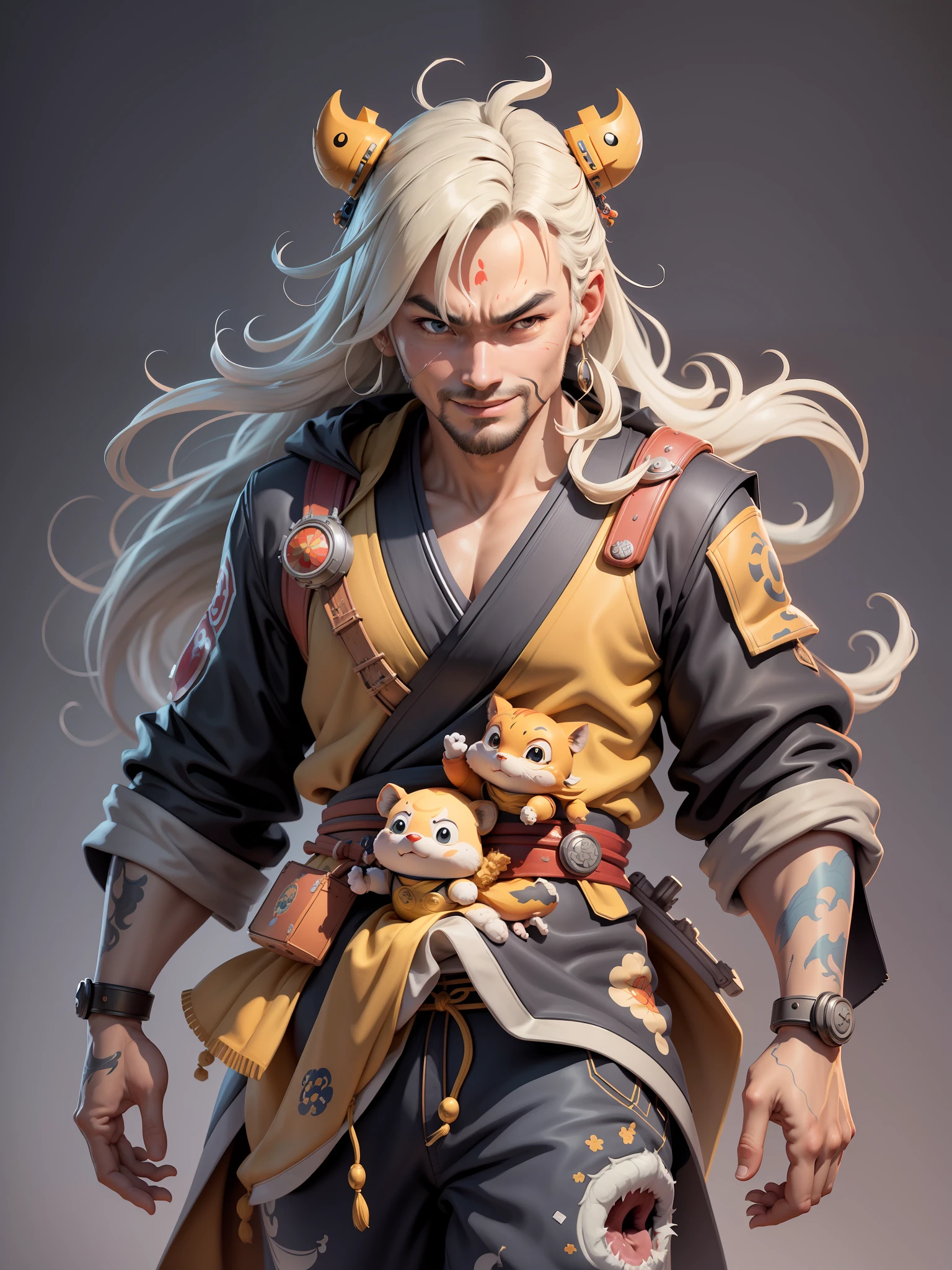 (Masterpiece), (Excellente), (Super meticulous), (corps entier: 1.2), Super jeune homme avec une geisha japonaise, beautiful woman, Dragon chinois, tigre, Dieu du vent Thor, sexy, Burst, Oriental Face, TV presenter, Illustration de portrait de buste, costume noir, Cravate bleue, slightly chubby, Very clean face, Pas de barbe, Cheveux super courts noirs, yeux noirs, Sourire confiant, Sous-produits informatiques 3c, The iPad, iPhone, digital painting, Conception 3D des personnages par Mark Claireden et Pixar et Hayao Miyazaki et Akira Toriyama, The illustration is a high-definition illustration in 4K resolution with highly detailed facial features and cartoon-style visuals.