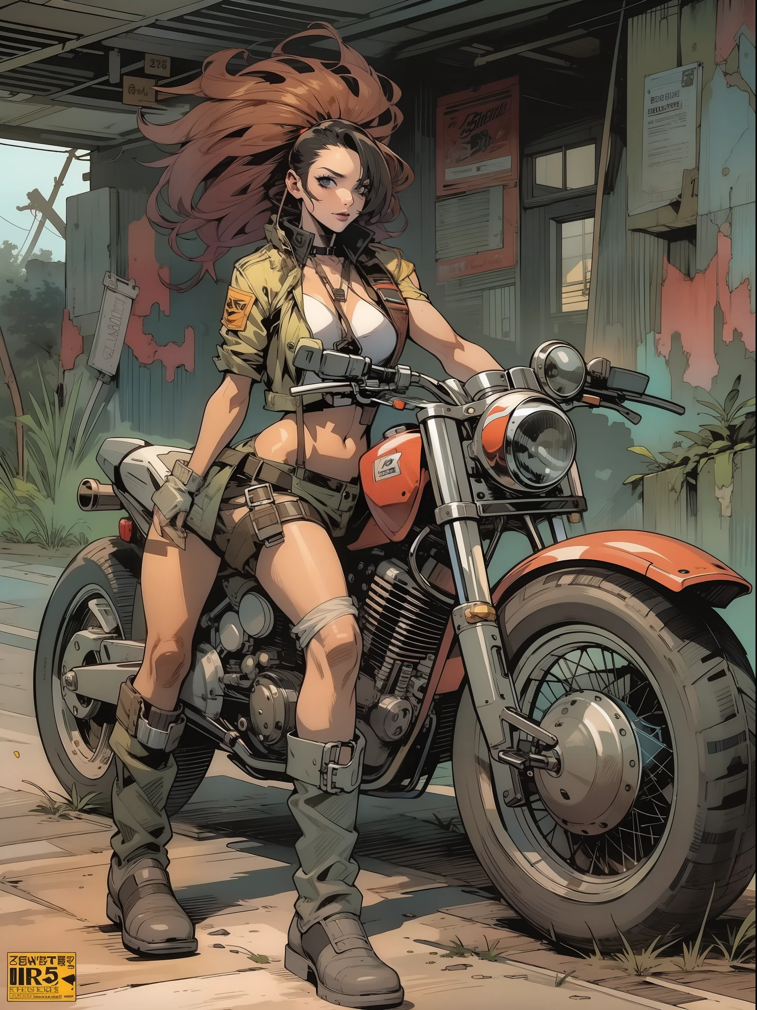 A post-apocalyptic warrior, a 35-year-old woman nearly naked in Simon Bisley style on a futuristic time-worn motorcycle, cabelo moicano colorido, Minimum clothing, roupas curtas,