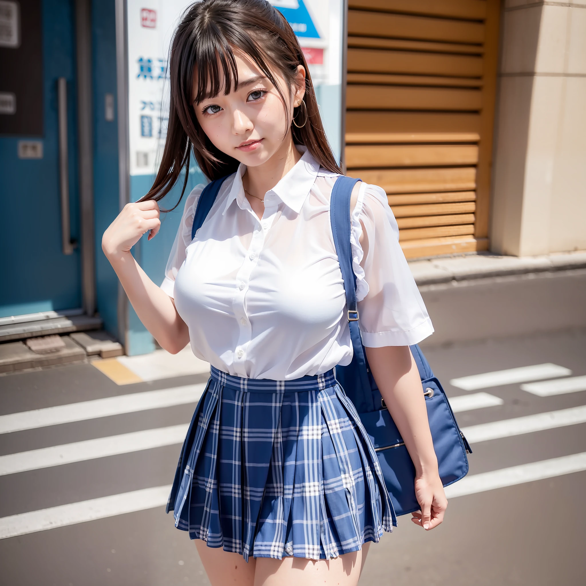 (in 8K、Raw photography、top-quality、​masterpiece:1.2)、ultra-detailliert、Live-action girls、High school girls walking in the streets of Osaka Namba with friends with happy expressions、She is wearing a white blouse and the heat has three buttons of her blouse open from the top, so you can see her cleavage.、Wearing a short blue plaid uniform skirt、Raw video、Cute schoolgirl in live action、