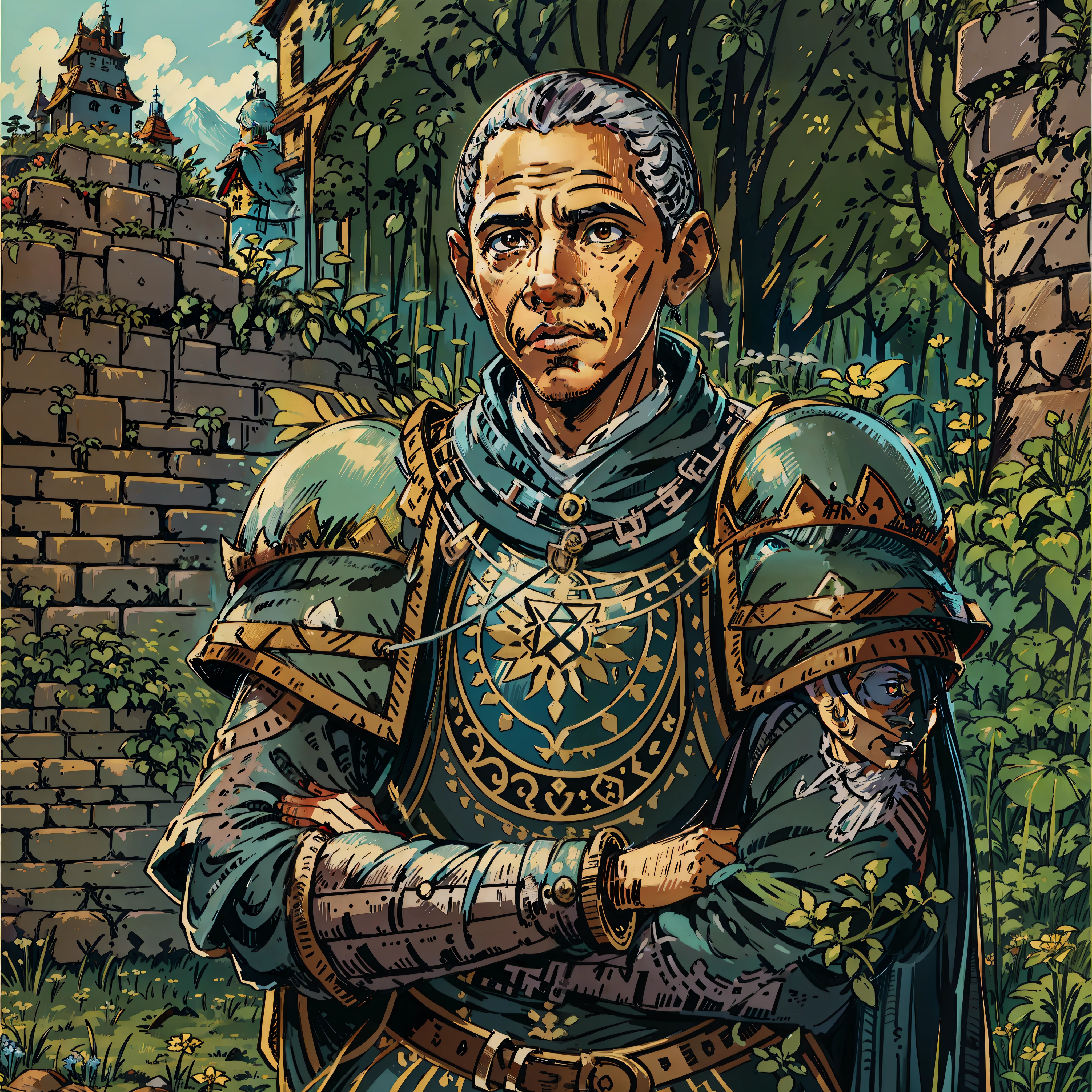 Obama look a like, Villager, Personagem de RPG, fantasia medieval, fechar retrato, Armadura preta, castelo de fundo