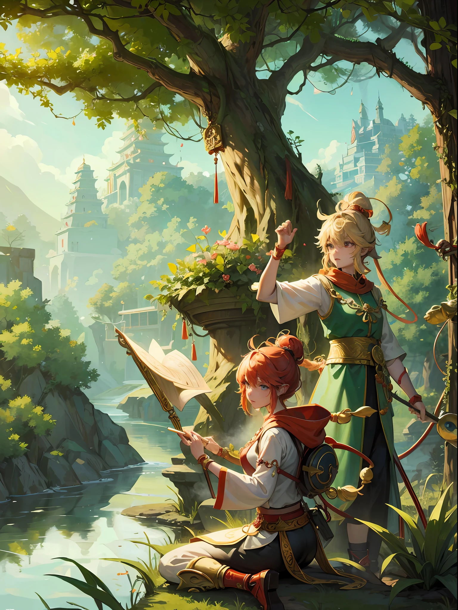 Journey、Sun Wukong、Mysterious ancient temple、Trees flourish、Shade of greenery、Smoke clouds、Melodious music、Sacred place、ancient secrets、Magical legends、Adventures and challenges、Valiant warriors、Invincible divine power --auto