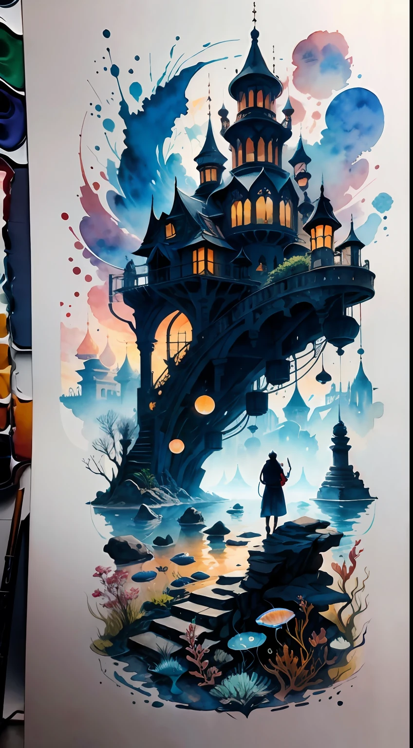 Undersea Temple、Silhouette Touch、watercolor paiting、