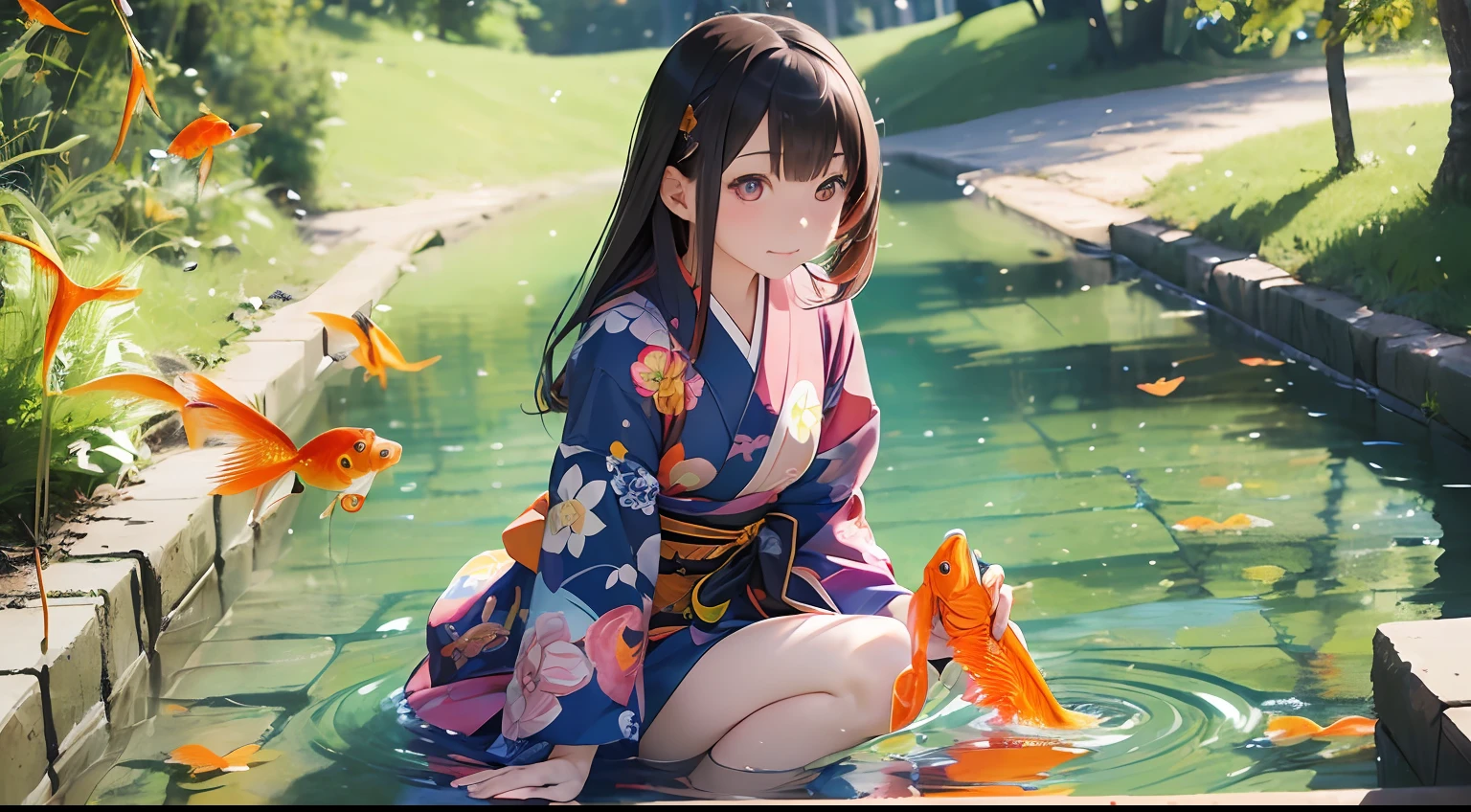 (masutepiece:1.2),(Best Quality:1.1),(Ultra-detailed:1.1),(Realistic:1.2),(Colorful:1.2),(Young girls:1.3),(Japanese:1.1),(Clothing samples:1.1),(Girls playing with goldfish scoop:1.3),(Colorful contact lenses:1.2),(FULL BODYSHOT:1.2),(Summer:1.1)