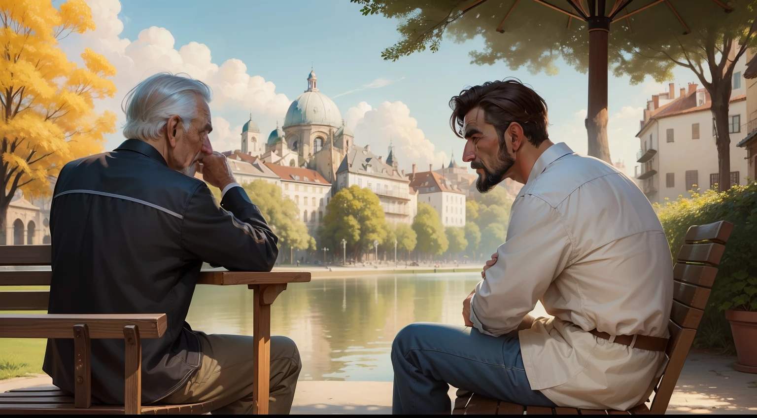 Uma ((obra-prima)) ((detalhada)) Traditional oil painting of an old man sitting on a bench with a young man with brown hair talking, for a sunny day in a park surrounded by buildings, lago ao fundo imagem de melhor qualidade em todos os aspectos