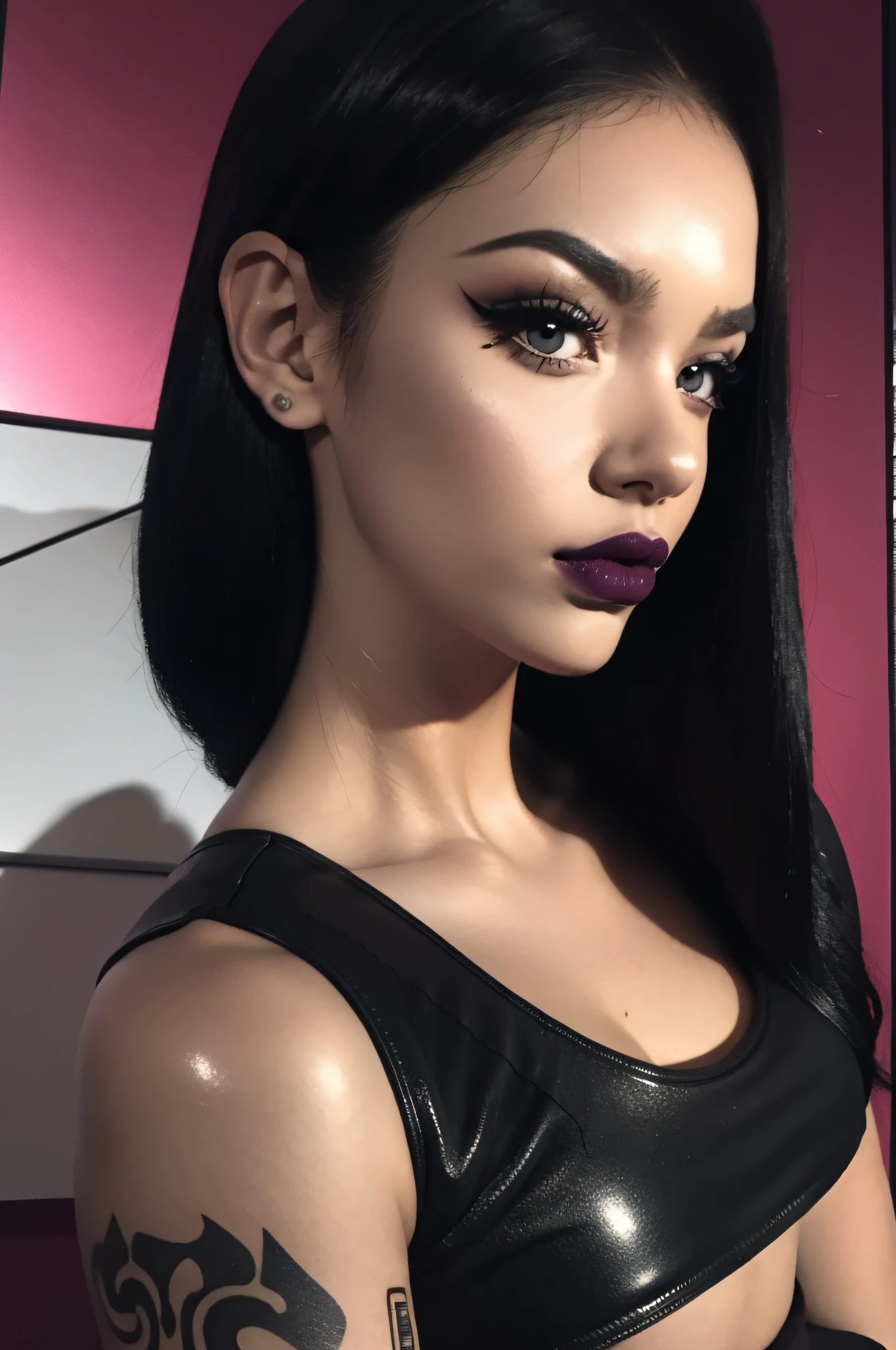 Imagen de cuerpo completo, super-realistic, chica gamer, cuerpo atractivo, pale-skin, Goth makeup, culo grande y redondo, curvas, maquillaje gamer, cuerpo tonificado, abdomen rubor rojo, crop top negro, falda otaku, cabello oscuro, (perspectiva de cuerpo), imagen 8k, super detailed, medianoche, gamer room background