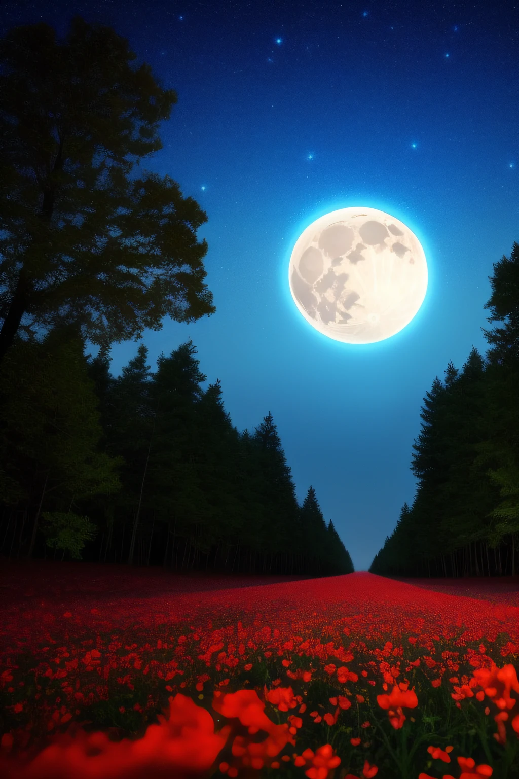 Dark forest at night in the light of the moon. A glade with red flowers on which the moonlight falls. Fireflies fly