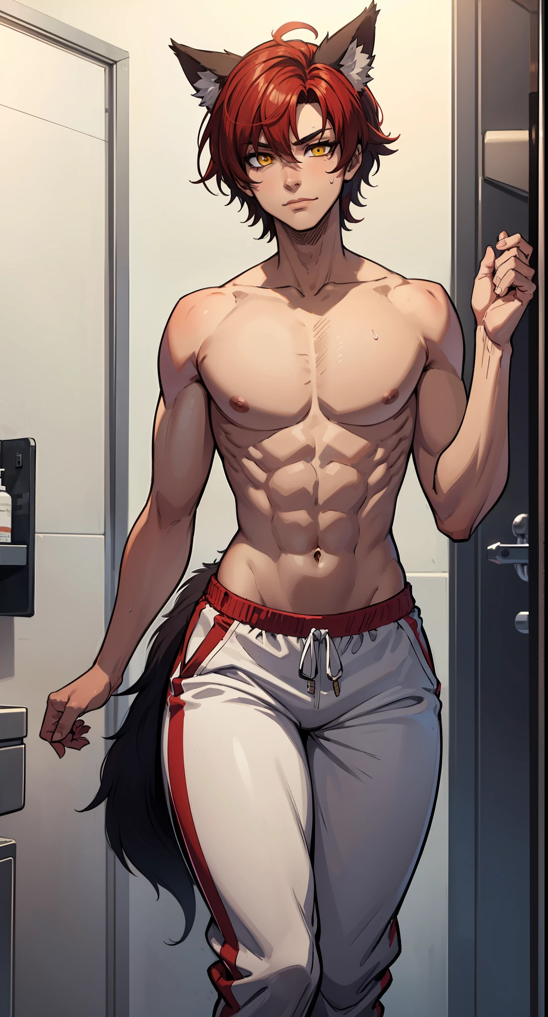 1boy, wolf ears, wolf tail, short red hair, yellow eyes, slim waist, ultra masterpiece, shirtless, bathroom setting, big thighs, seductive, wide hips, sweatpants, soft, young