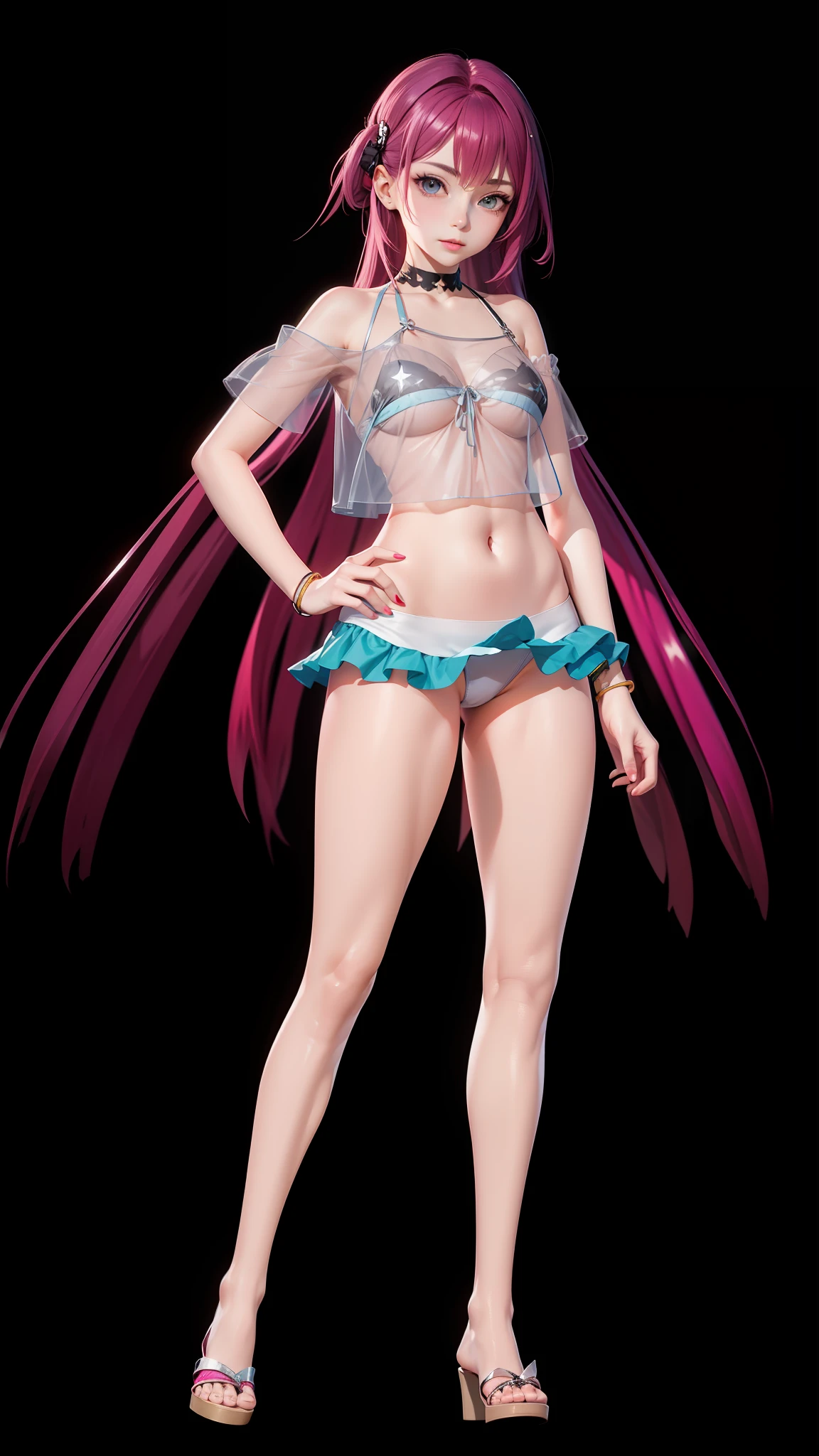 Un primer plano de una mujer con una falda corta y un top, Pelo rosa de cola doble y ojos cian, Render fotorrealista de Anime Girl, Chica anime 3D, Render de una linda chica de anime 3D, Bikini realista, Yuri Misaki, Seraphine Ahri Kda, seductora chica de anime, Del videojuego Azure Lane, Estilo Azur Lane