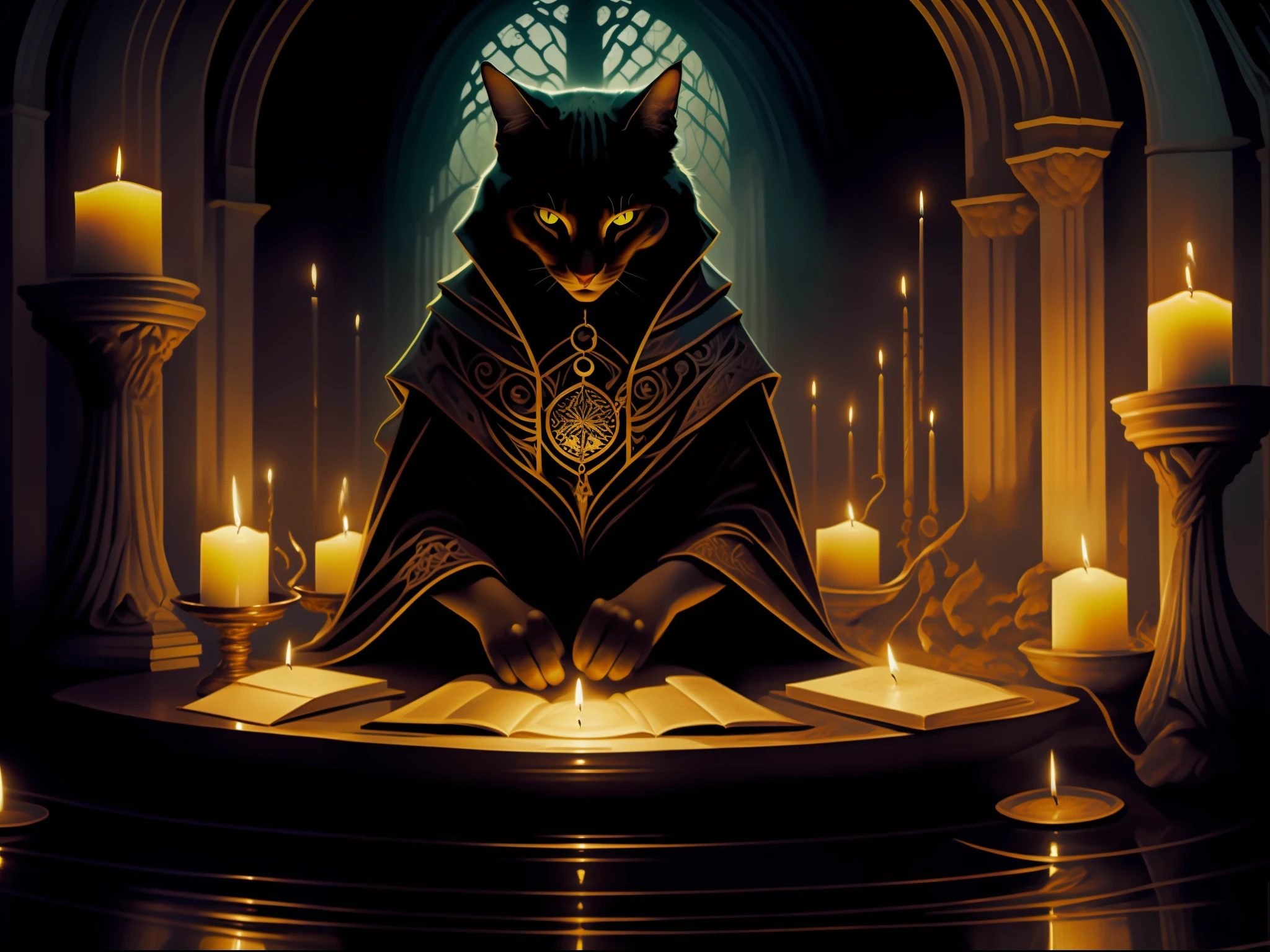 a shadowy black cat behind his back lying in a book staring at a candle, lisa parker, casting a spell, Home Wicca Scene, oil painting of cat witch, em um porta-velas, bruxa do gato, Directed by: Melissa Benson, spell book, candlelit, 3 0, Directed by: Rute Sanderson, casting a spell on a potion, detailed 3d gothic oil painting, Directed by: Ana Stokes, gothic horror vibes, Directed by: Ivan Meštrović, arte de fantasia de terror