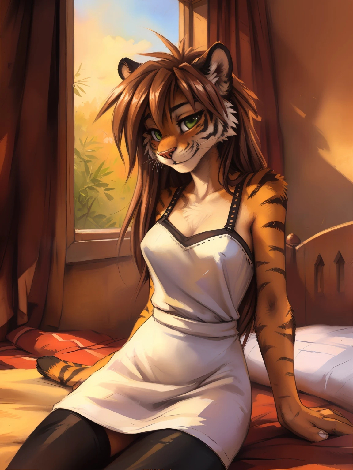 Tiger girl, sexy, sensual, uploaded to E621, beautiful and detailed portrait of an anthropomorphic tiger ((female))) uploaded to E621, ((by fluff-kevlar, by Zackary911, by Kenket, by Kilinah, by fluff-kevlar)), Brown hair, green eyes, black high stockings, white dress, slim body, medium breasts, teenager ((18years)), solo, skinny body, bedroom, lying on bed, blush, embarrassed smile, long hair