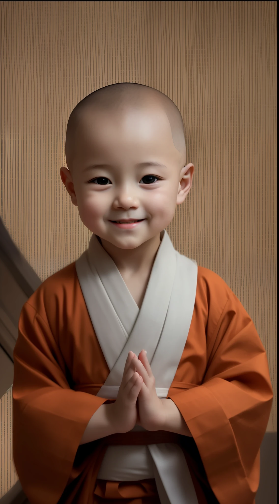 (Smooth scalp)Bald，(2 year old boy)，Golden-purple monk's robe，Noble monk's robes，Smiling，solo person，low perspective，(Works of masters)，(Best image quality)，Higher quality，超高分辨率，(8K分辨率)，high detal，Delicate facial features，Perfect face，Emphasize the fun of your baby，(Watery eyes)，(long eyelasher)，volumettic light，(obi strip)，(Positive viewing angle)，There are no emotions，Calm and refreshing，(Temple blur with candlelight background blur)，(Traditional art style)，Ultra-clear image quality。