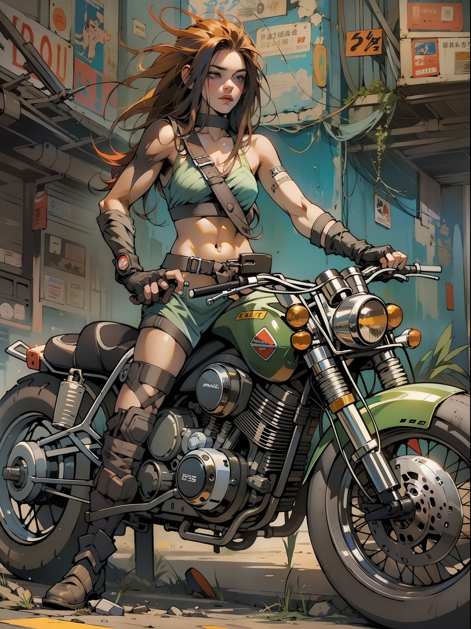 A post-apocalyptic warrior, close em uma mulher de 35 anos quase nua no estilo Simon Bisley em uma motocicleta futurista usada pelo tempo;, cabelo moicano colorido, Minimum clothing, roupas curtas,