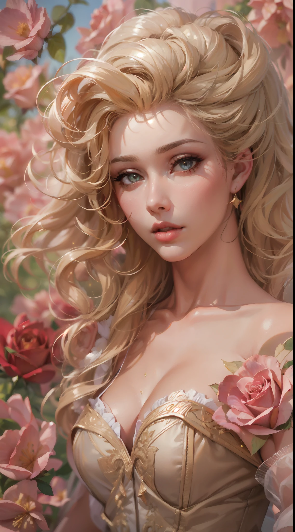 This is realistic fantasy artwork set in the an enchanted pastel bubblegum and rose garden. Generate a proud woman with a highly detailed face dressed in the billowing folds of a stunning French silk ballgown. The woman's sweet face is ((((highly detailed, with realistic features and soft, puffy lips.)))) The ballgown is embellished with ruffles, sashes, and bows and a delicately, but intricately, hand-embroidered bodice. The corset features silk ribbon. The woman's stunning eyes are beautifully detailed, featuring realistic shading and multiple colors and high resolution. The woman is in a garden of eternal roses, each one beautifully formed and highly detailed. These realistic roses feature shimmering shades of pink, yellow, orange, and glimmering red. The eternal rose is a deep shade of red with shimmering pink overtones and undertones. Ensure that the woman's face, hair, and eyes are perfect. Important: include interesting details like stars, bubbles, ((and glitter)). realism, high fantasy, whimsical fantasy, storybook fantasy, fairytale fantasy, fantasy details, enchanting, bewitching, 8k, hires, cgi, digital painting, unity, unreal engine, (((masterpiece))), intricate, elegant, highly detailed, majestic, digital photography, art by artgerm and ruan jia and greg rutkowski, (masterpiece, finely detailed beautiful eyes: 1.2), hdr, realistic skin texture, (((1woman))), (((solo))), Include a highly detailed face, extremely detailed face, and interesting background.