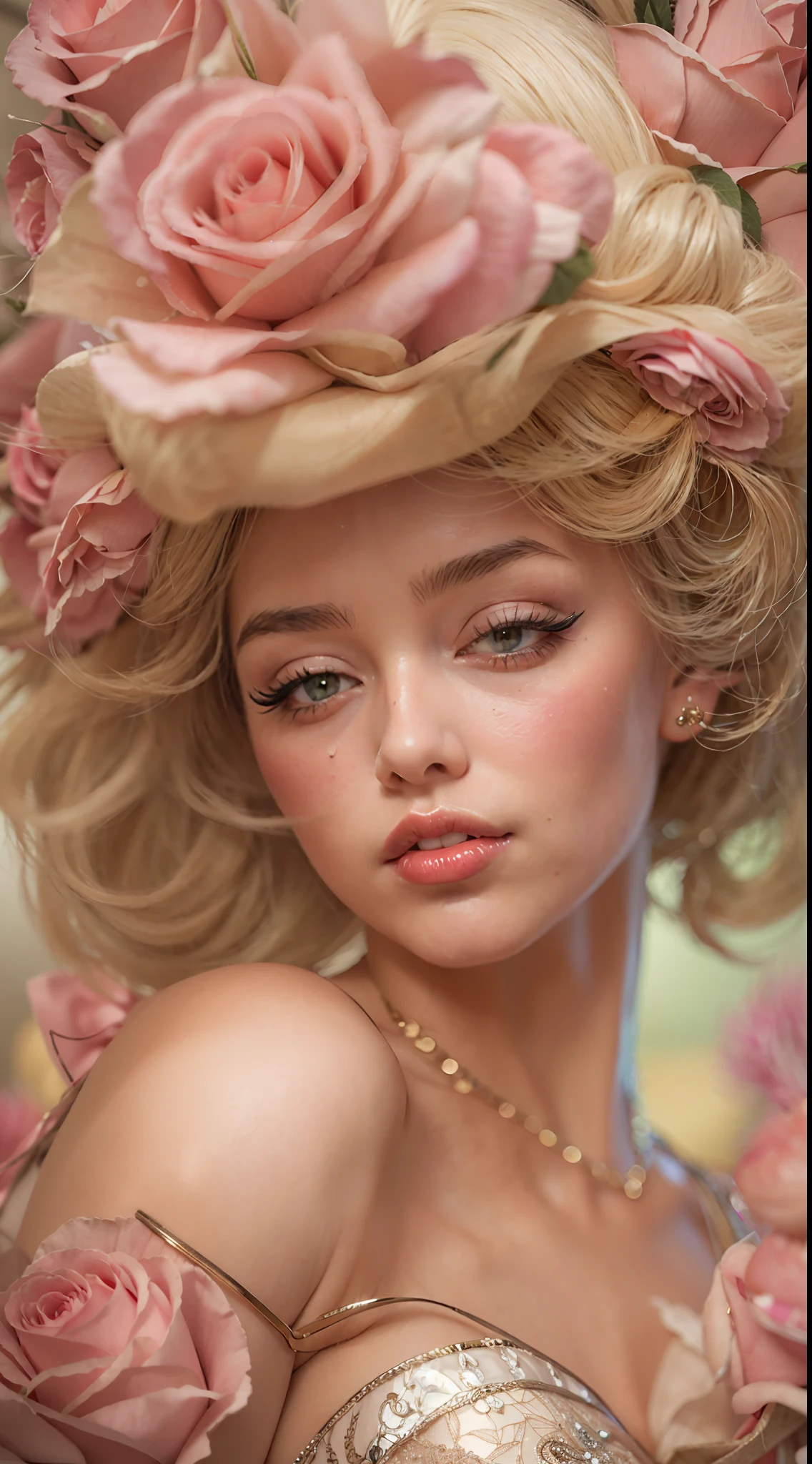 This is realistic fantasy artwork set in the an enchanted pastel bubblegum and rose garden. Generate a proud woman with a highly detailed face dressed in the billowing folds of a stunning French silk ballgown. The woman's sweet face is ((((highly detailed, with realistic features and soft, puffy lips.)))) The ballgown is embellished with ruffles, sashes, and bows and a delicately, but intricately, hand-embroidered bodice. The corset features silk ribbon. The woman's stunning eyes are beautifully detailed, featuring realistic shading and multiple colors and high resolution. The woman is in a garden of eternal roses, each one beautifully formed and highly detailed. These realistic roses feature shimmering shades of pink, yellow, orange, and glimmering red. The eternal rose is a deep shade of red with shimmering pink overtones and undertones. Ensure that the woman's face, hair, and eyes are perfect. Important: include interesting details like stars, bubbles, ((and glitter)). realism, high fantasy, whimsical fantasy, storybook fantasy, fairytale fantasy, fantasy details, enchanting, bewitching, 8k, hires, cgi, digital painting, unity, unreal engine, (((masterpiece))), intricate, elegant, highly detailed, majestic, digital photography, art by artgerm and ruan jia and greg rutkowski, (masterpiece, finely detailed beautiful eyes: 1.2), hdr, realistic skin texture, (((1woman))), (((solo))), Include a highly detailed face, extremely detailed face, and interesting background.