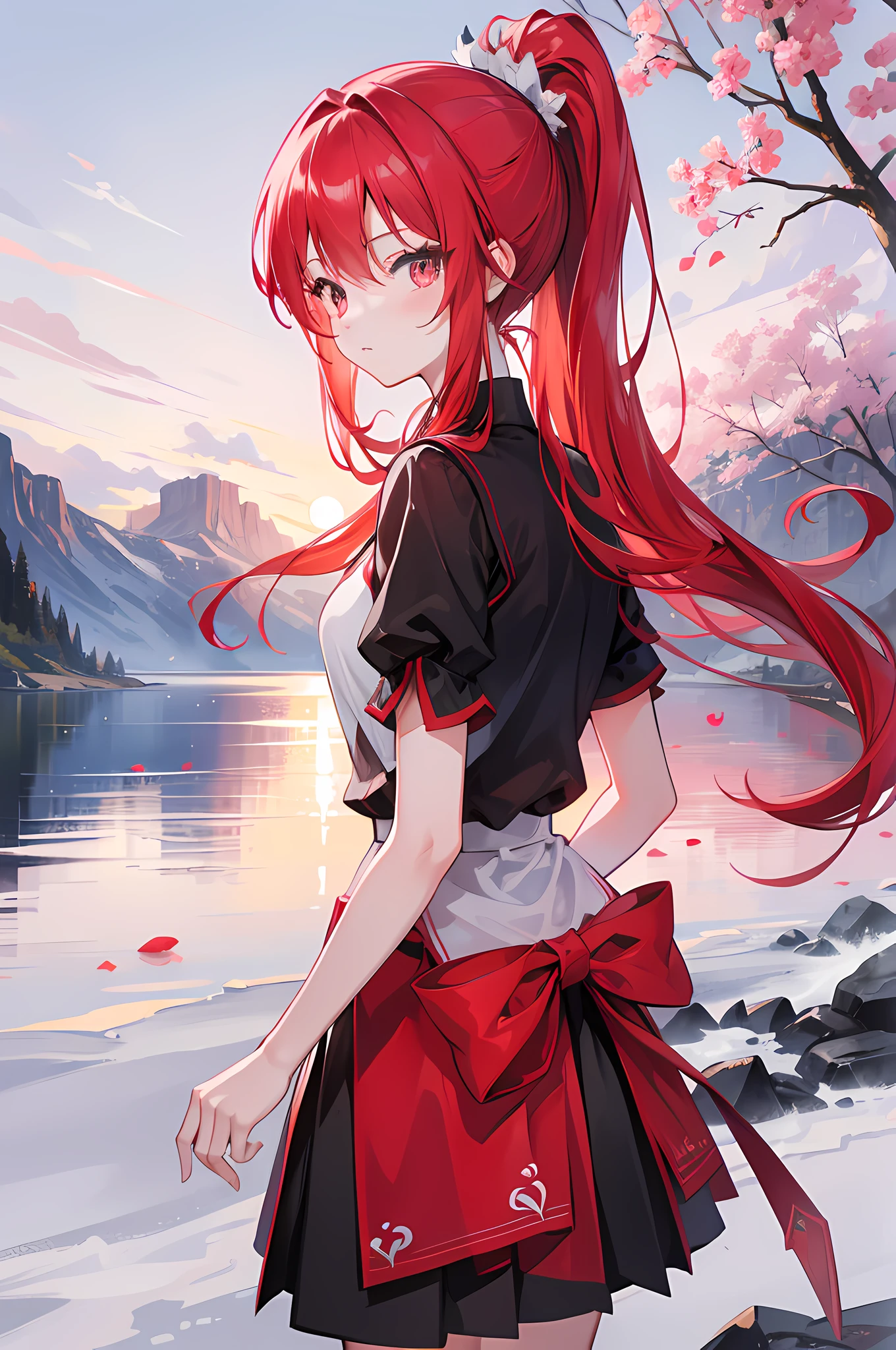 1girl, red long hair, ponytail, skirt, high res, 8k, looking at viewer, ultrasharp, absurdes, masterpiece, kyokou, magical girl, landscape, wallpaper