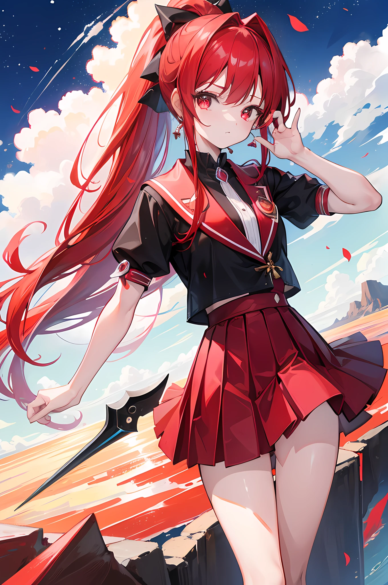 1girl, red long hair, ponytail, skirt, high res, 8k, looking at viewer, ultrasharp, absurdes, masterpiece, kyokou, magical girl, landscape, wallpaper