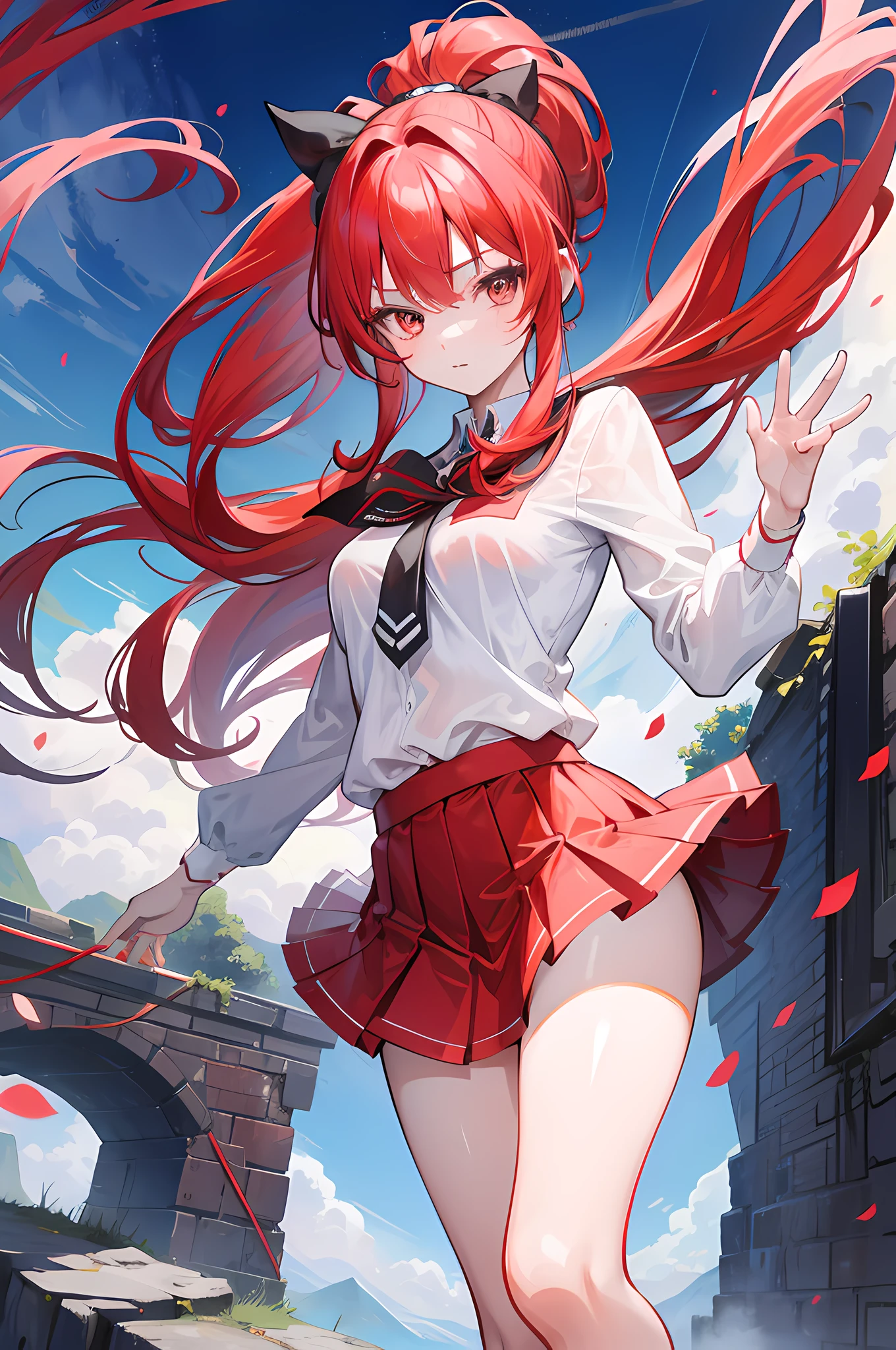 1girl, red long hair, ponytail, skirt, high res, 8k, looking at viewer, ultrasharp, absurdes, masterpiece, kyokou, magical girl, landscape, wallpaper
