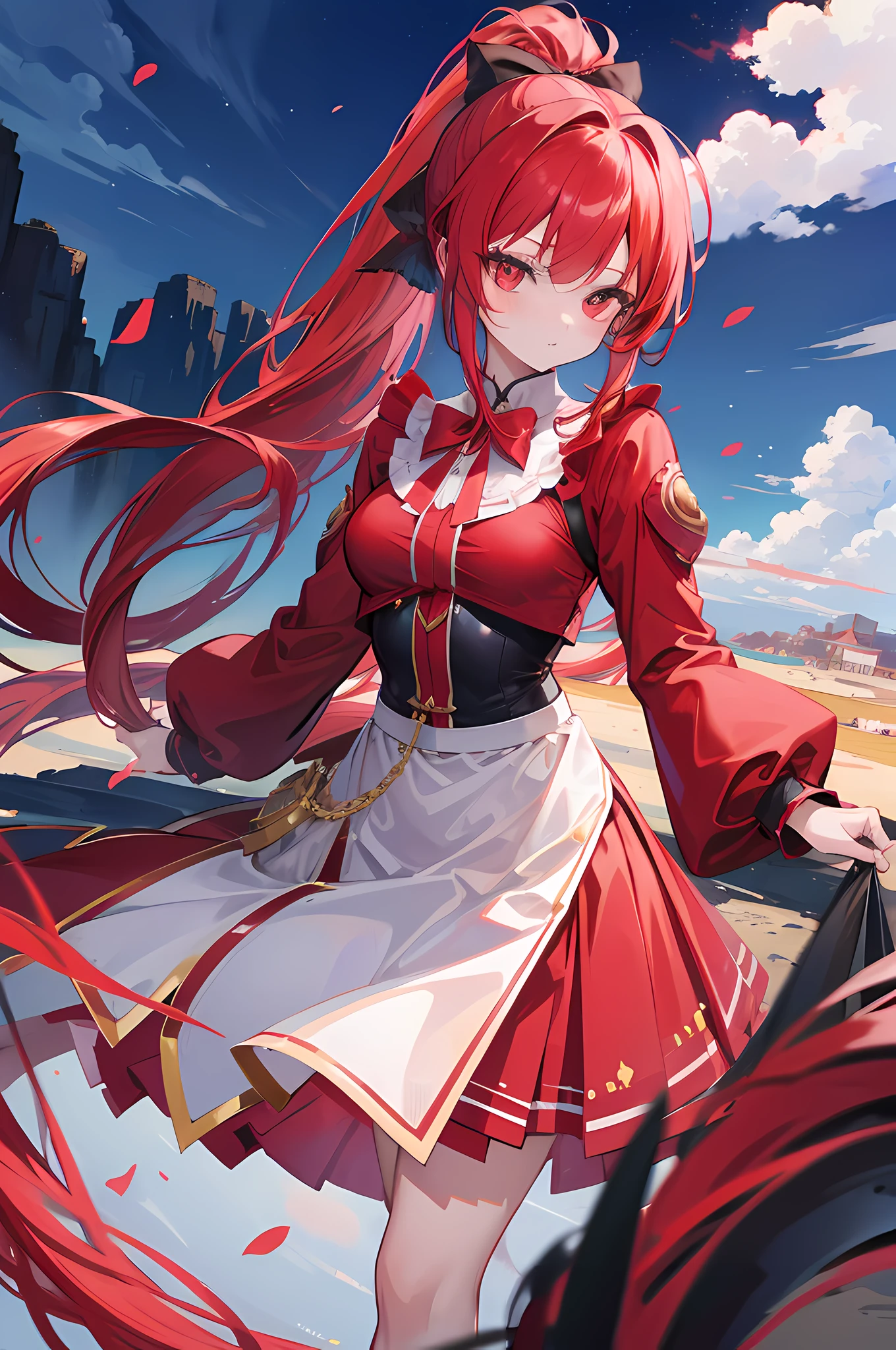 1girl, red long hair, ponytail, skirt, high res, 8k, looking at viewer, ultrasharp, absurdes, masterpiece, kyokou, magical girl, landscape, wallpaper