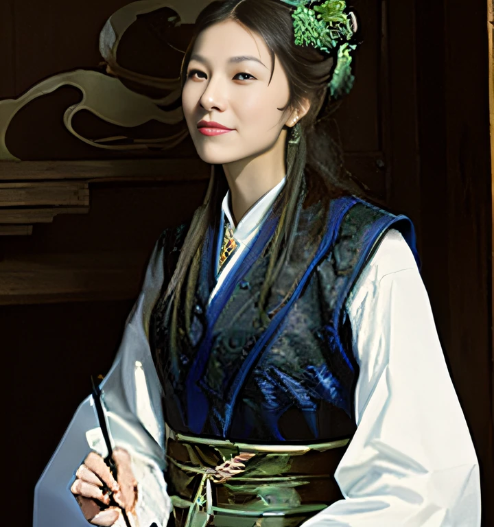 A slight smil、Woman in white dress、Mountain scenery