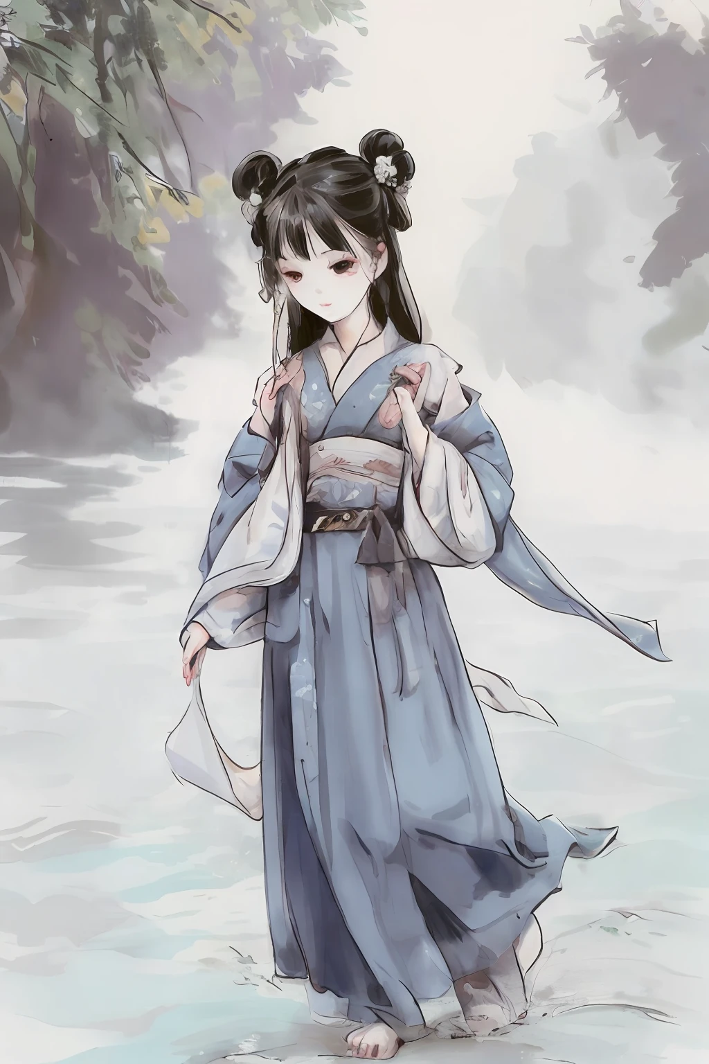 Traditional chinese painting, lotuses, Hanfu, maxiskit,  1girl, solo, blue long hair, ssmile, standing on your feet, Feet in the water, bareness