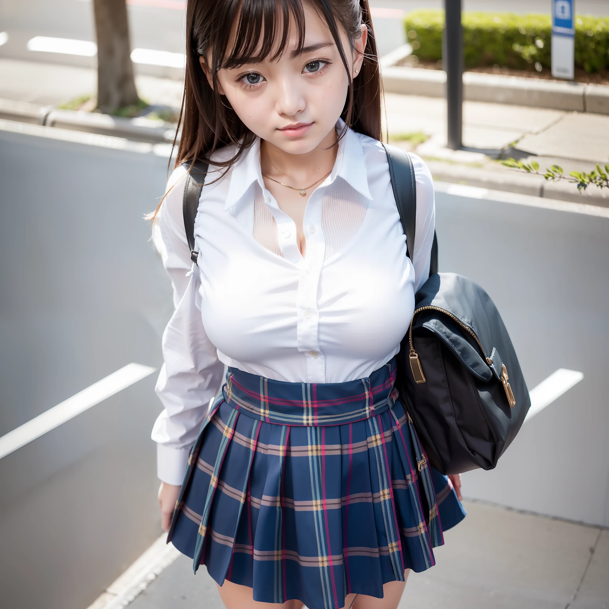 (in 8K、Raw photography、top-quality、​masterpiece:1.2)、ultra-detailliert、Live-action girls、High school girls walking in the streets of Sapporo, Hokkaido with friends with happy expressions、She is wearing a white blouse and the heat has three buttons of her blouse open from the top, so you can see her cleavage.、Wearing a short blue plaid uniform skirt、Raw video、Cute schoolgirl in live action、