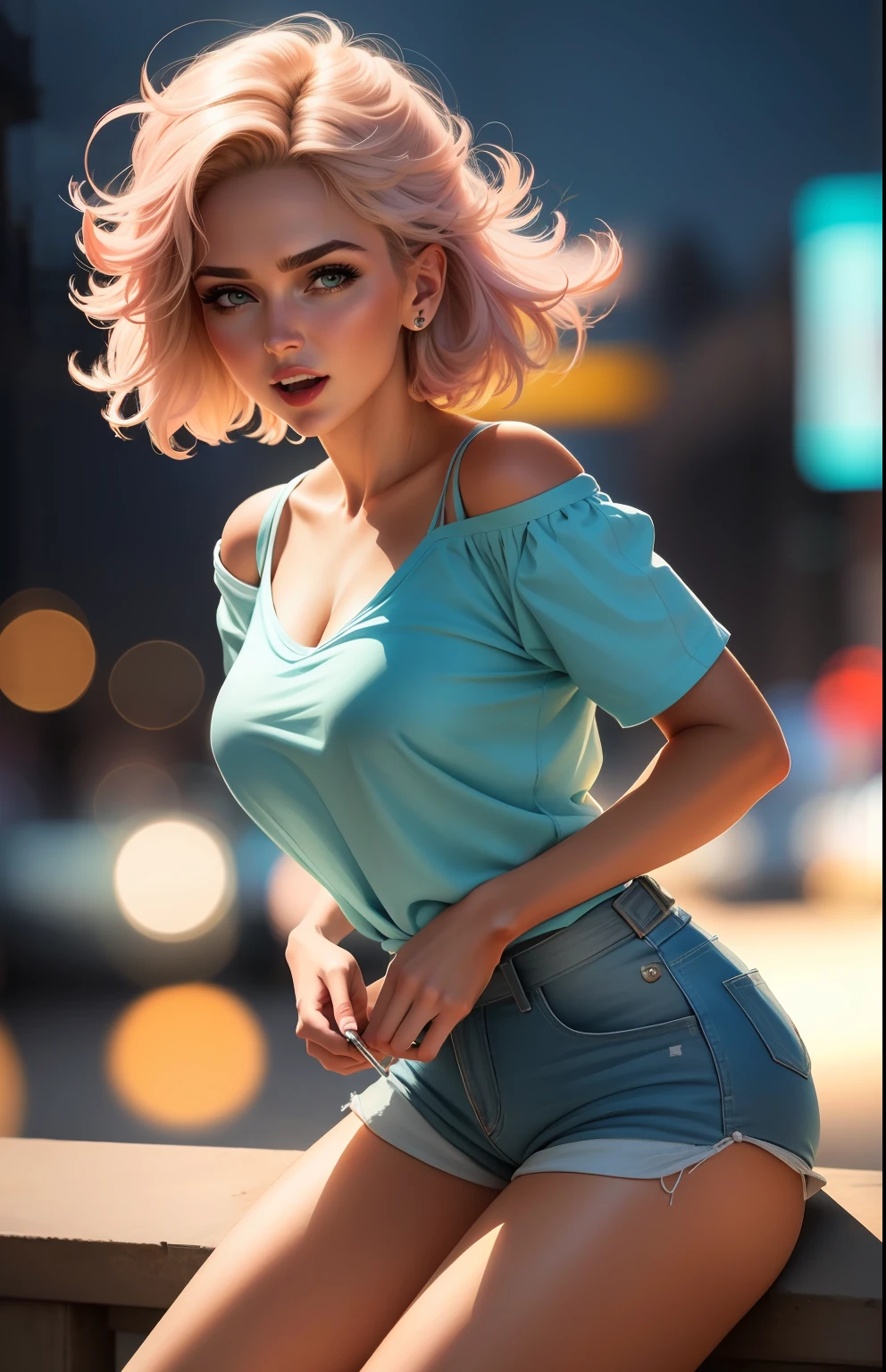 (), Peitos grandes,(master part), best quality, extremamente detalhado, (Aquarela), florescer, delicado e bonito, illustration, (de baixo),(1girl:1.4), (sozinho:1.2), seios grandes, (blusa molhada:1.3), blusa molhada fora do ombro, (short shorts:1.2), bareshoulders, (Peito Inferior:1.2), Olhos bonitos, pawg, (cabelos encaracolados extremamente longos e desgrenhados ), fotografia, tiro por cima do ombro, Directed by: Alex Maleev, profissional, Canon Camera, Nikon Camera, Sharp, Bokeh, studio quality, lente olho de peixe, Directed by: Robert Capa , Tongue out
