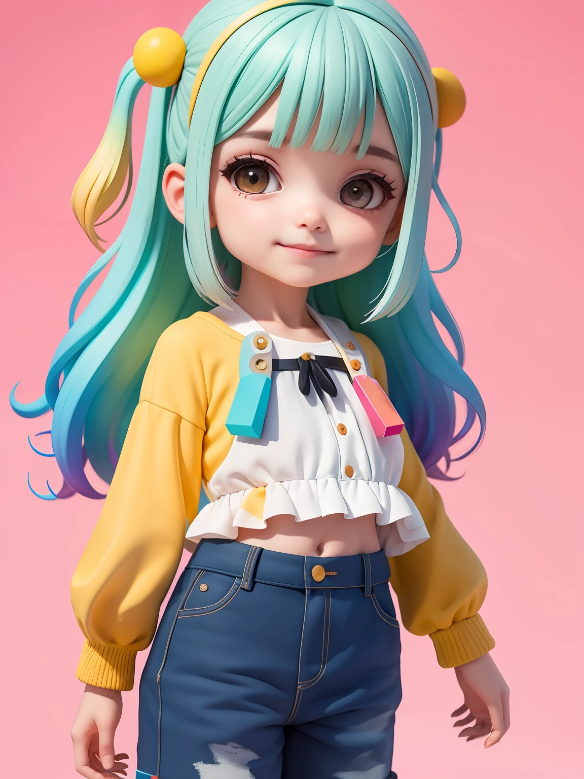 (obra-prima), (melhor qualidade), (ultra-detalhado), (corpo inteiro: 1.2) loli menina ???, pants and mini blouse, sorriso claro, corpo inteiro, :3, cabelo multicolor, curto, preso, pavor, moderno, Modern accessories, fundo tom pastel , colorido e simples.