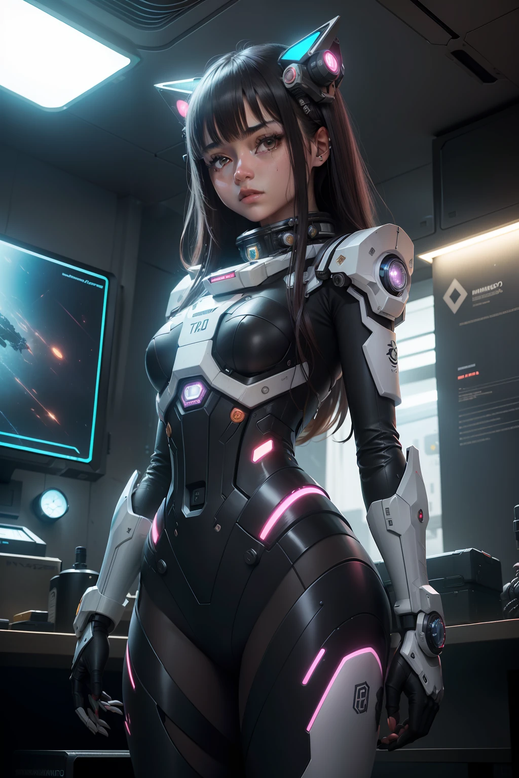 (realista:1.3), finamente detalhado, qualidade, Rembrandt Lighting, (obra-prima:1.2), (fotorrealista:1.2), (melhor qualidade), (pele detalhada:1.3), (detalhes intrincados), dramatic, ray tracing, 1girl, japonesa, 21 anos, textura detalhada da pele, (blush:0.5), (arrepios:0.5), subsurface scatter, cachos de cabelo curtos, cabelo entre os olhos, blush, franja, mecha, scientific fiction, mechanical arms, Robot Junction, cybernatic , cyberpunk, dinamic pose, (dentro de casa, space station, maquinaria complexa, futuristic pieces),