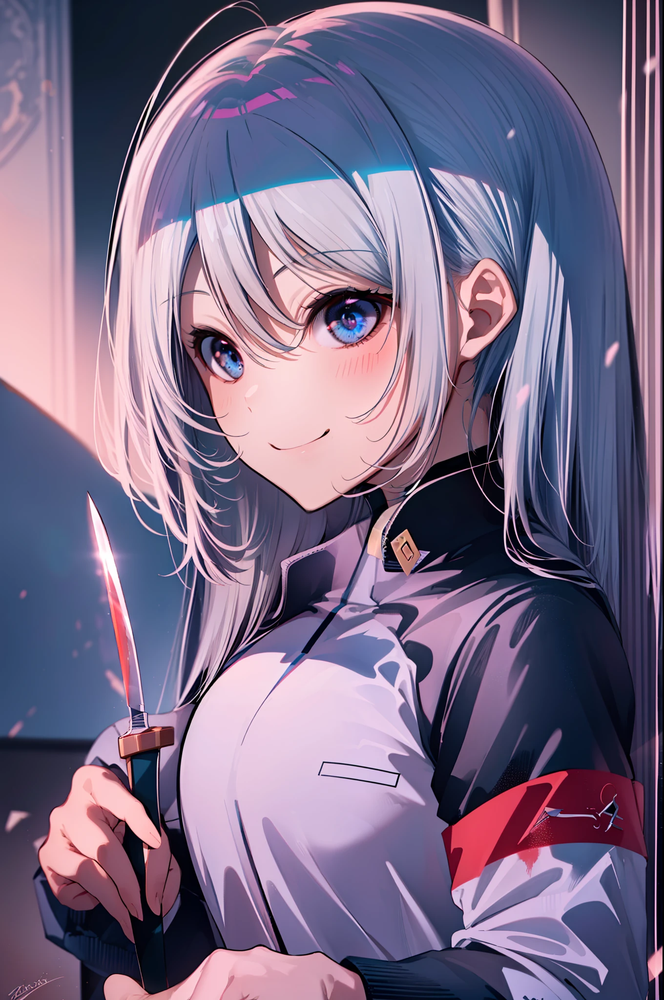 (((((obra-prima))))), (((((melhor qualidade))))), High, ((((1Kei)))), ((((((Ultra-detailed blue hands and eyes)))))), ((((1girl)))), ((Formoso)), ((((((cabelo longo)))))), ((((((((((Sorriso sombrio feminino e cativante)))))))))), ((((((((((She has a knife in her right hand with blood)))))))))), ((((((((((blood)))))))))), ((((sozinha)))), ((((((Uma garota com cabelo grisalho longo e olhos azuis)))))), (((fita))), (((franja))), (((鎖骨))), ((((cabelo grisalho)))), ((((((Saia preta na altura do joelho)))))), ((((((((meias pretas compridas)))))))), (((faixa de cabelo preta))), (((neck ribbon))), (((cabelo entre os olhos))), ((((middlebreasts)))), ((((There is only one person)))), ((((adolescente de 15 anos)))), (((uniforme escolar feminino camisa branca jaqueta preta jaqueta aberta saia preta longa))), ((corpo inteiro anatomicamente correto)), (((pernas femininas normais))), ((usa sapatos pretos)), ((Detailed full scenario)), ((mystery)), ((Tempo tenso)), Postura equilibrada, blush sutil | | | | | |, Pingente de cristal BREAK golden hour, (Rim lighting): 1.2, tons quentes, Brilho lunar, sombras suaves, noite, cores vibrantes, painterly effect, dreamy atmosphere BREAK scenic lake, montanhas distantes, salgueiro, calm water, reflection, nuvens iluminadas pela lua, (((Dark scenery and terror))), (((((Vista de corpo inteiro e escenario completamente detalhado))))), (((pegue a chave))), Ultra Detalhado, Arte Oficial, Unity 8k papel de parede, Zentangle, mandala