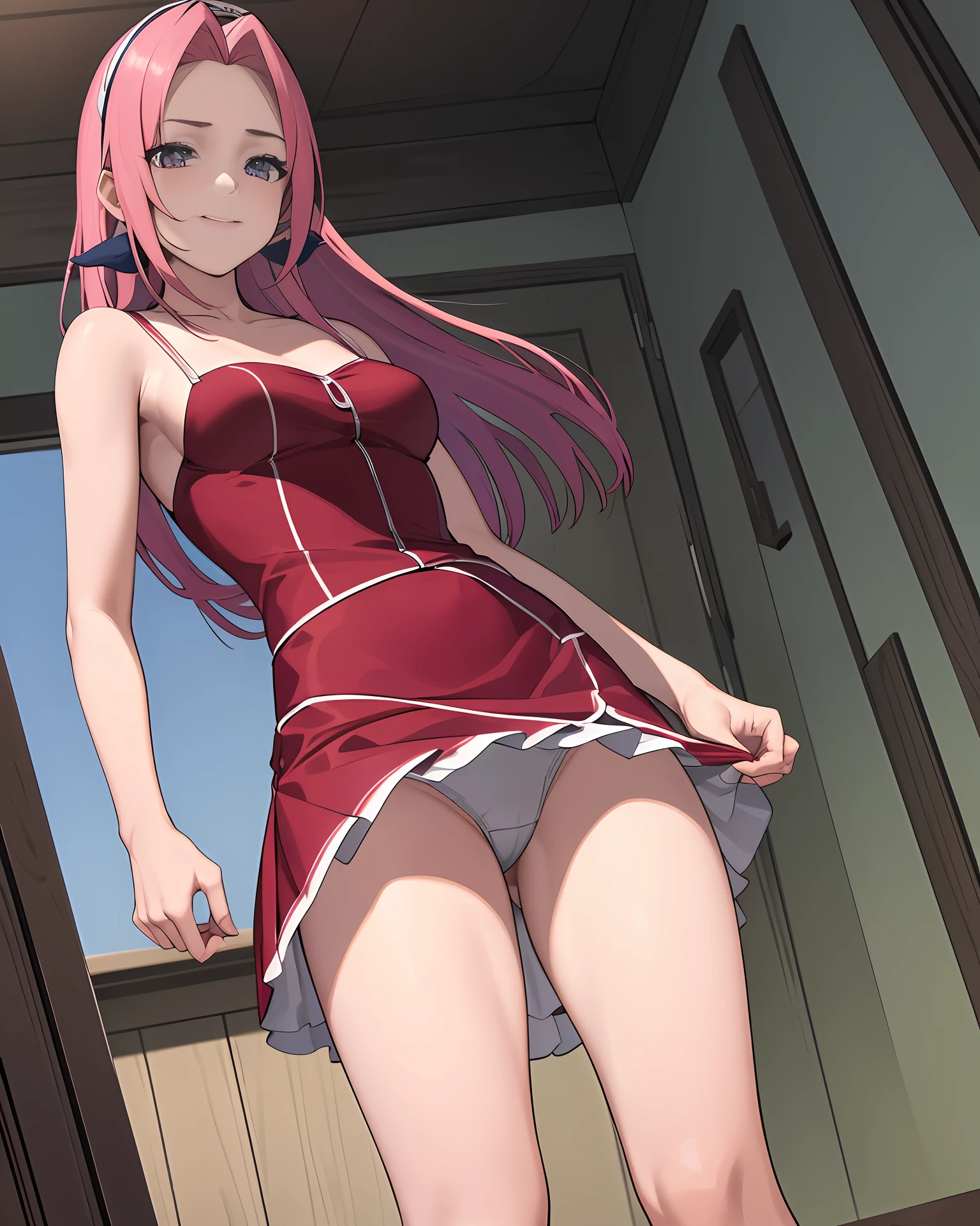 (La mejor calidad, Ultra dealtoado, best illustration, Mejor sombra, Obra maestra, high resolusion, Ilustraciones profesionales, Obras de arte famosas), (1girl, solamente), Haruno Sakura, cabello rosado, ojos verdes, ((miniskirt)), ((show panties)), ((show legs)) adulto, senos normales, alto, afuera, cielo brillante, They are smiling, Falda de cintura alta, biceped, Villa, sin mangas, Traje de Virgin Killer,