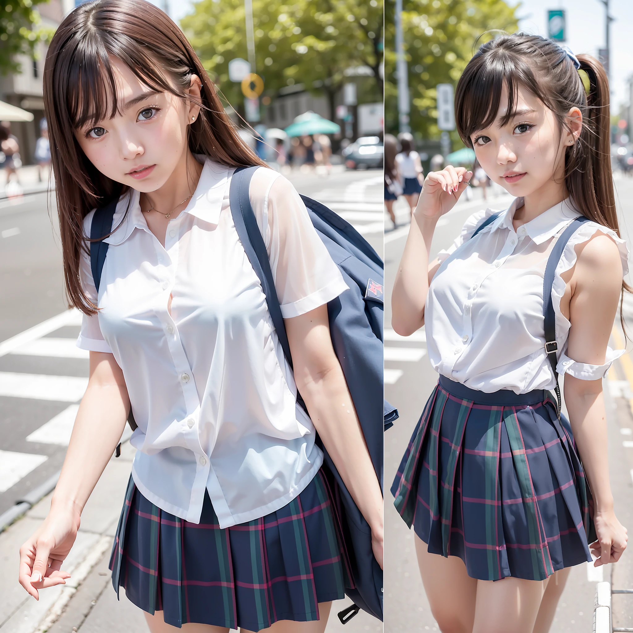 (in 8K、Raw photography、top-quality、masterpiece:1.2)、ultra-detailliert、Live-action girl、High school girl walking in the streets of Fukuoka Hakata with friends with happy expression、She was wearing a white blouse and、The heat is open from the top of the three buttons of the blouse, So you can see her cleavage.、Wearing a short uniform skirt with blue plaid pattern、Raw Video、Cute schoolgirl in live action、