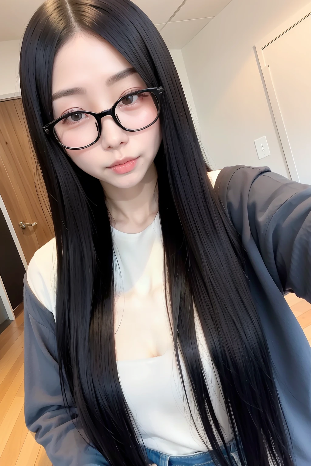 japanes　Long Black Hair　Beautie　５０generation　Black-rimmed glasses