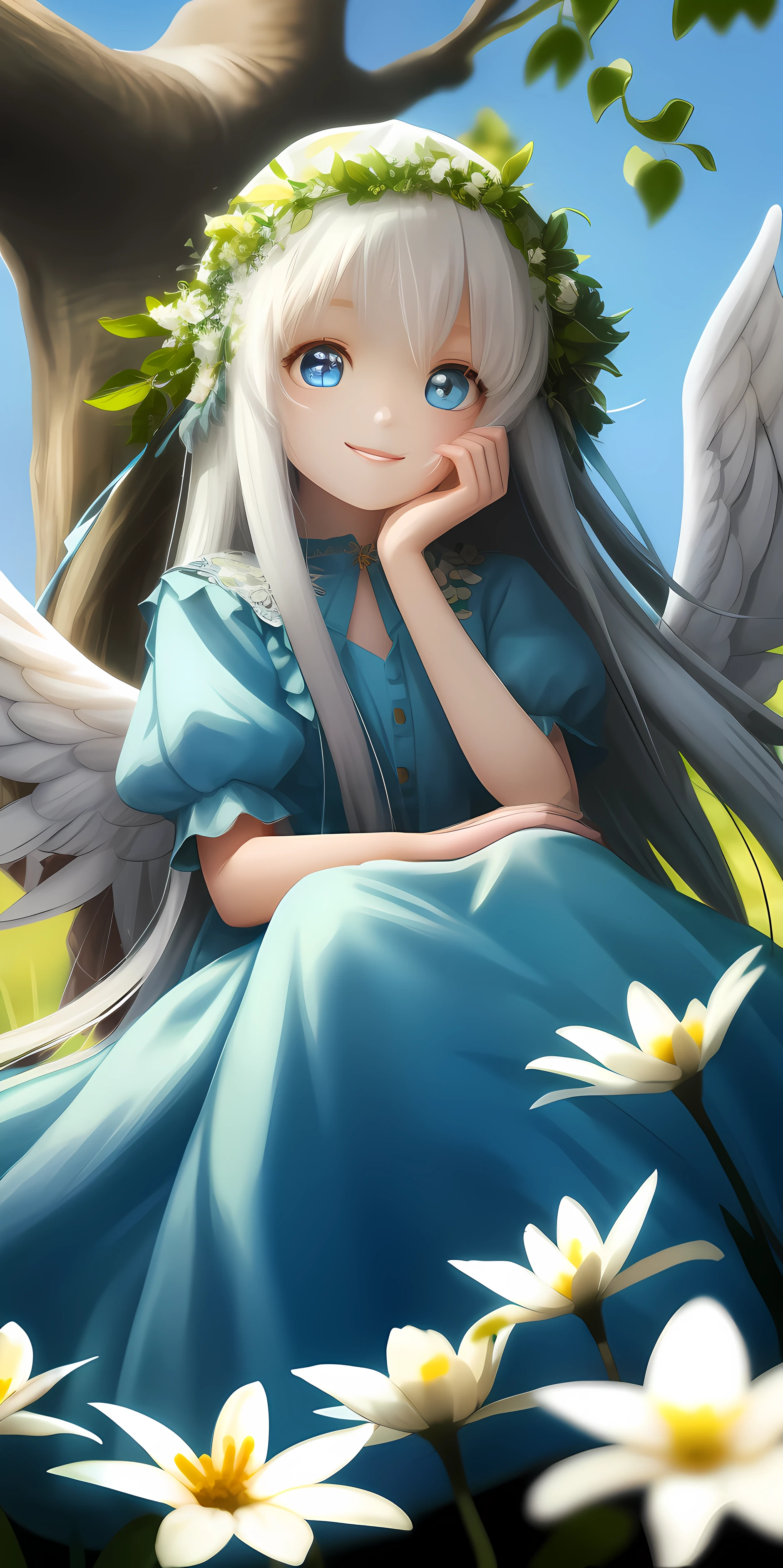 （best qualtiy：1.2），（super-fine：1.2），illustratio，（Extremely refined and beautiful：1.2），Movie Angle，floatking，（beatiful detailed eyes：1.1），（Detail light：1.1），电影灯光，A long-haired loli with white hair sits in a tree-lined flower field，She has blue pupils，Her left hand rests under her chin，She wears a garland，Hair covers the right eye，and she smiling，warmly lit，She wore a sky blue dress，She has white wings，Blurred foreground，Eyes look into the distance，Ambiguous