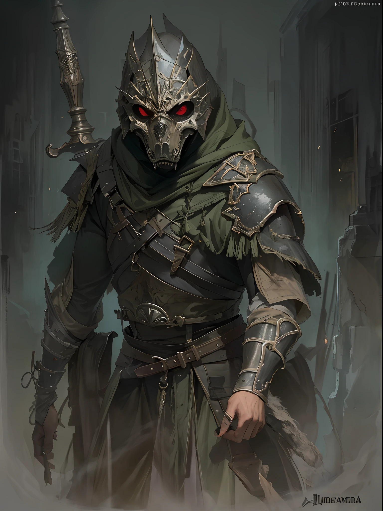 (mejor calidad, obra maestra), arte de terror, 1 joven rudo ,lobos, espinas,fuerte,armadura, sangre, oscuridad,verde intenso