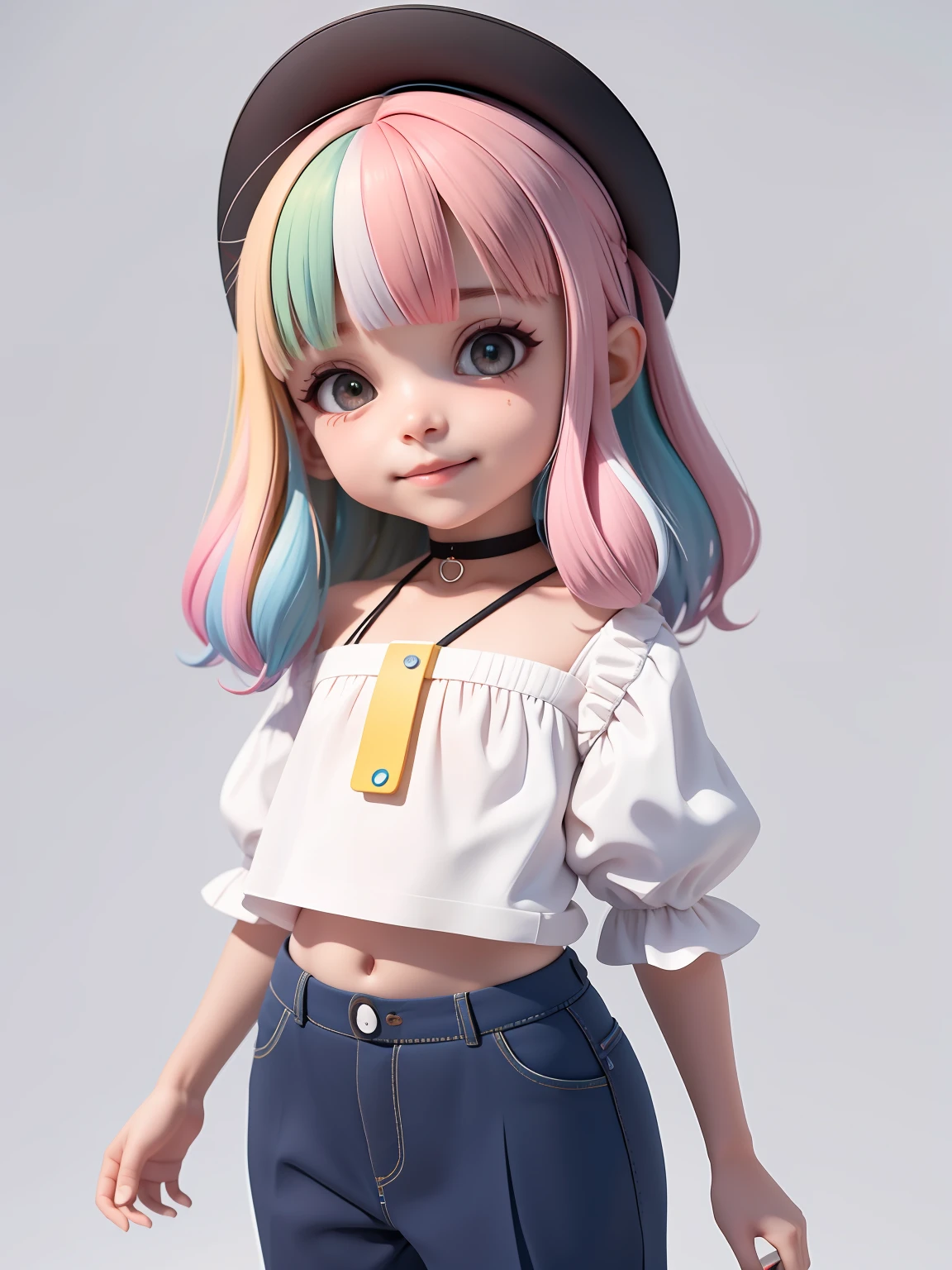 (obra-prima), (melhor qualidade), (ultra-detalhado), (corpo inteiro: 1.2) loli menina kid, pants and mini blouse, sorriso claro, corpo inteiro, :3, cabelo multicolor, curto, preso, pavor, moderno, Modern accessories, fundo tom pastel , colorido e simples.