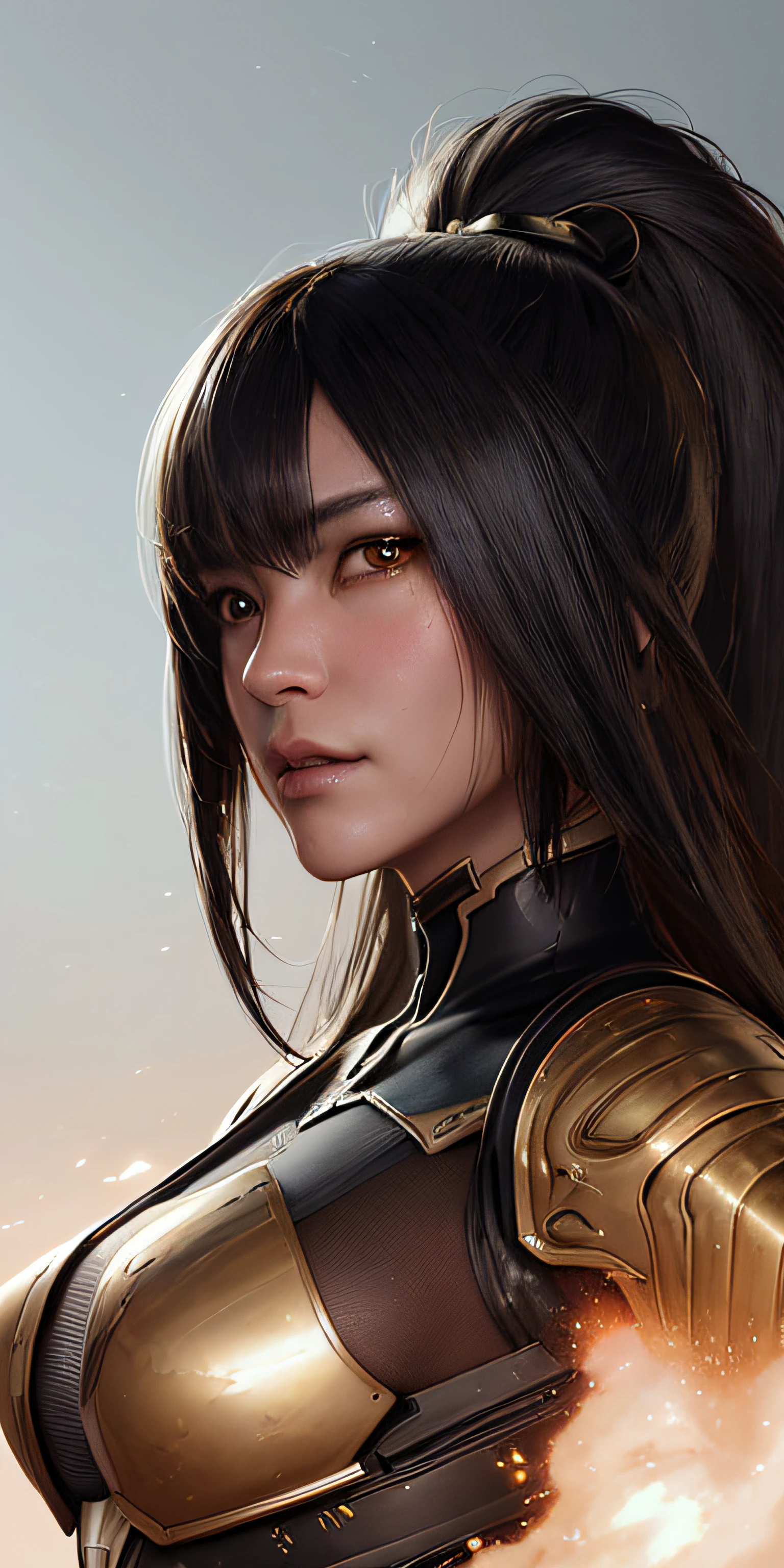 Retrato de 8k de una hermosa mujer cyborg japonesa, cuerpo completo, armadura negra, fondo futurista, con cabello rosado despeinado, arma, elegante, muy detallado, majestuoso, digital photography, Art by Artgerm and Ruan Jia and Greg Rutkowski Golden Black Scorpion Filigree Surrealist Painting, (obra maestra, sidelit, hermosos ojos finamente detallados: 1.2 ), HDR,