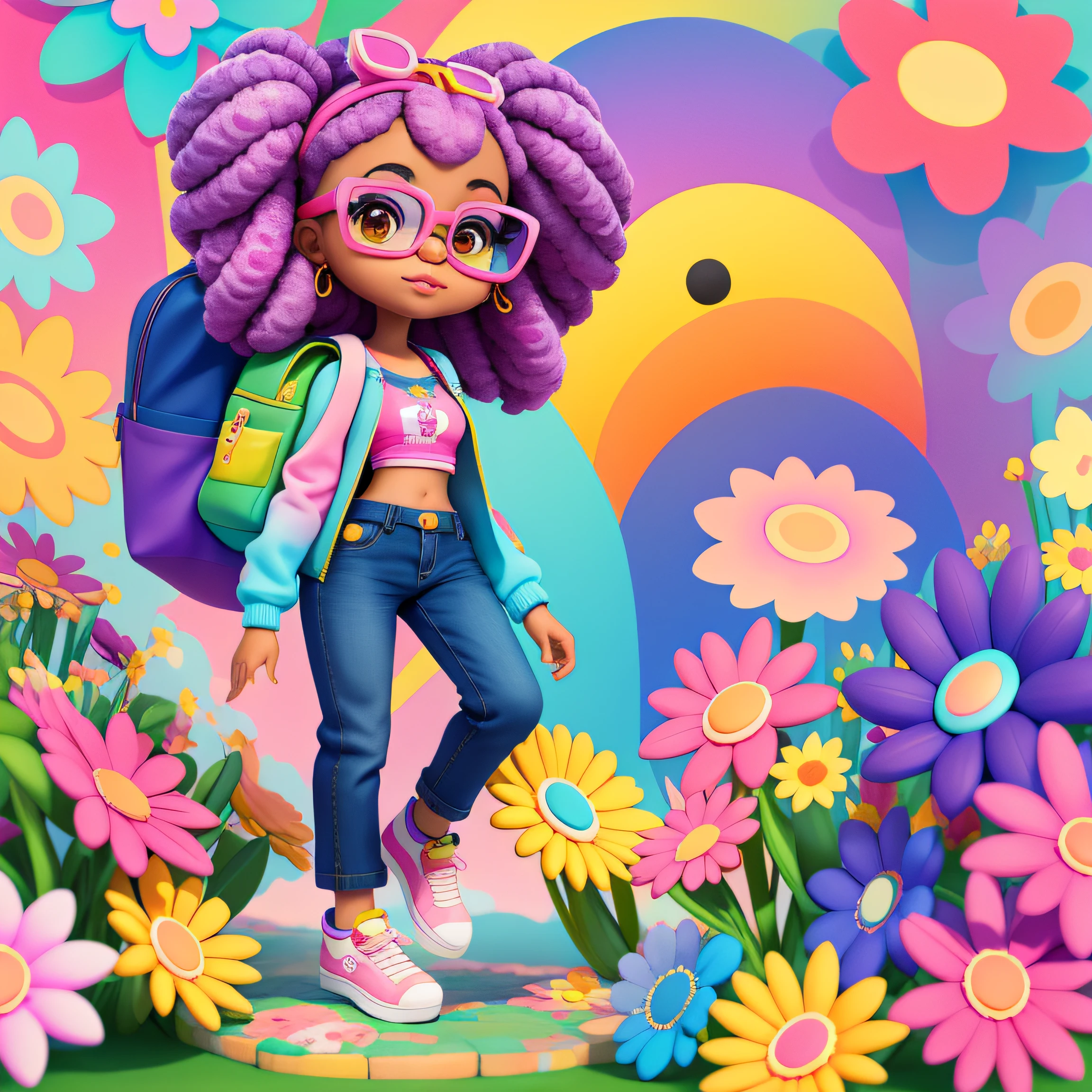 a cartoon girl with glasses, african american girl, african american elegant girl, purple backpack, long pants, lots of bubbles, flowers, super cute funky black girl, cute detailed digital art, portrait of a lisa frank, cute digital art, cartoon artstyle, cartoon art style, colorfull illustration, advanced digital chibi art, cartoon style illustration, adorable digital painting, cute art style, lisa frank style, cute cartoon character, colorful flowers