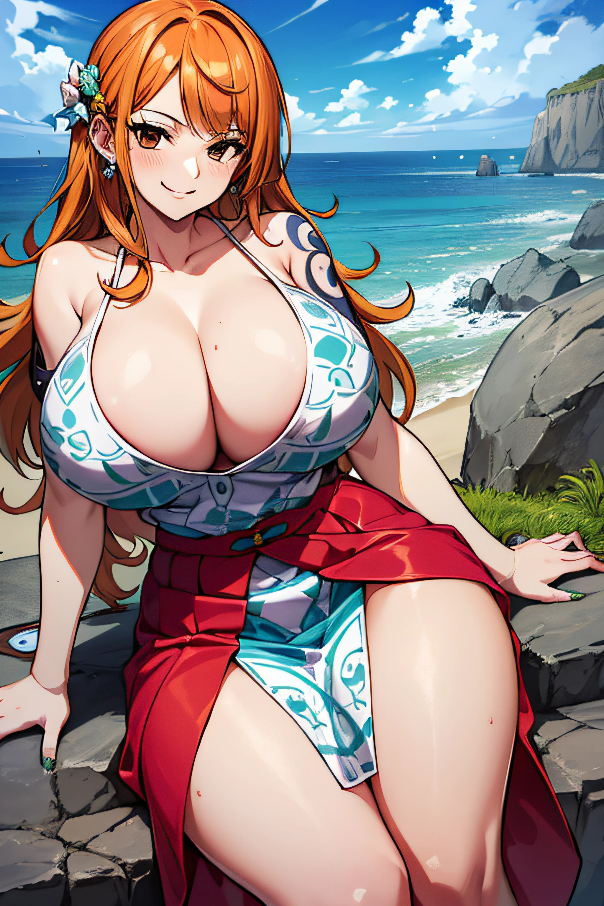 masutepiece, ((hyper detailed background, Delicate pattern, intricate detailes)), (Highly detailed, Fine details), (((Ridiculously large breasts)))、(Ridiculously huge breasts:1.5)、((huge udder))、Best Quality, Beautiful lighting, ((medium breasts, Slim Girl)), Nami Final, ((Skirt,Top)), Simple shirt, 1girl in, Orange hair, Solo, Long hair, Jewelry, Brown eyes, Smile, earrings, ((Blue tattoo, Tattoo on the left shoulder, Ultra-detailed tattoos)), (intricate detailed background, Barren land, boulders, ocean, banishment, nature environment), (Cowboy Shot),