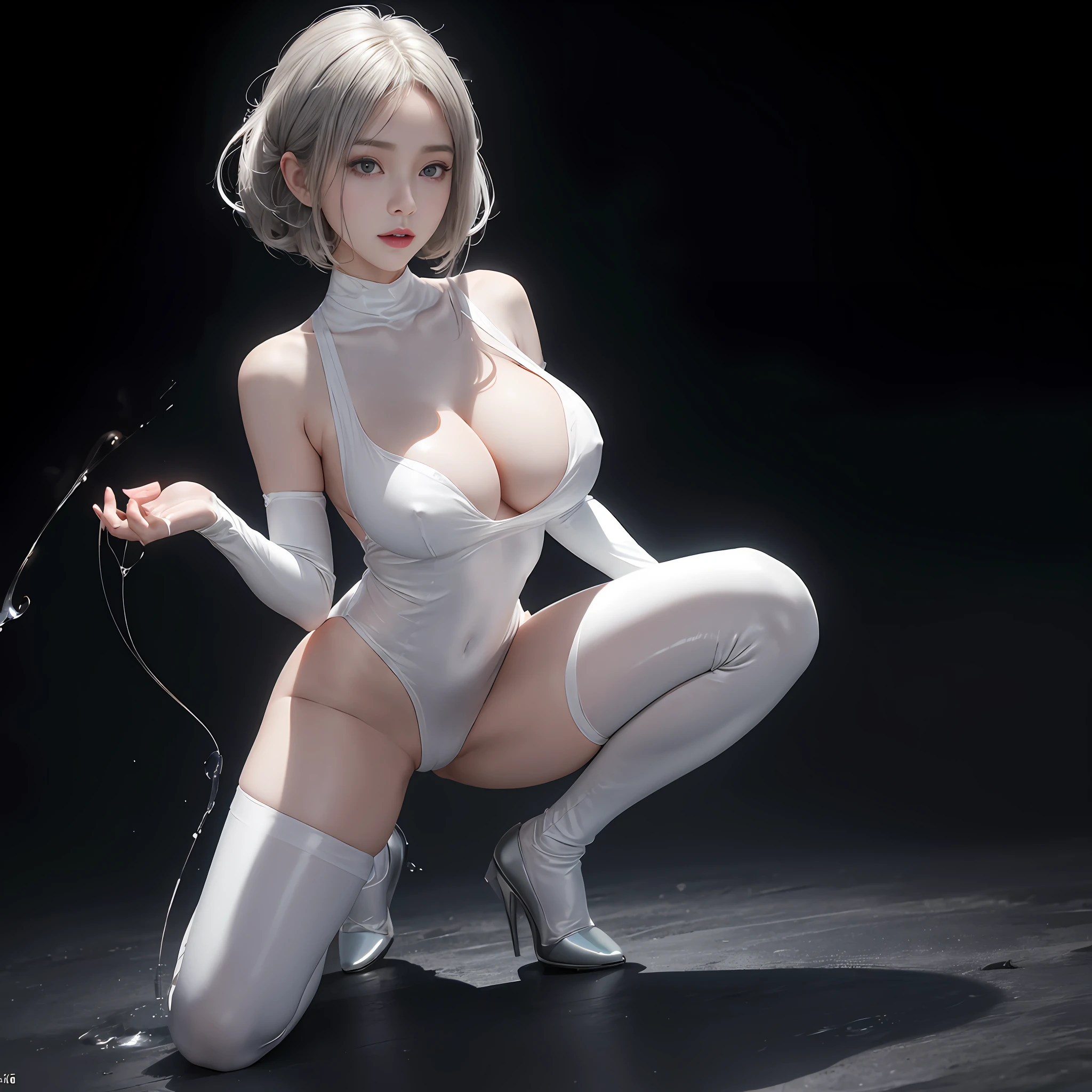 ((NSFWSTILLSHOW))、no extra arm:2、no extra hand:2、no extra leg:2、((solo 1girl))、{full length|Full height|all-fours|Half squatting|Flying|Jumpping|Ass focus、looking ahead}、{Wide Shot:1.5|Drone view|OverHeadShot|From below:1.5}、(wetted Porcelain skin、Wetted White skinny bodysuit)、Very thin and soft fabric、wetted face、{wetted hair|Floating hair|Shiny Black hair|Blonde hair|Silver hair|Short Bob|Half Up|Curly hair}、Detailed Clear Nipples、detailed crotch、(The shape of the pubic area is Clearly Visible:1.2)、ass visible through thighs:1.3、Nipple shadow、(masterpiece, Best quality)、(Photorealsitic:1.37)、(BokeH)、smooth shading、({childish|Gigantic、cleavage})、((((detailed beautiful face))))、Darkbackground、neons、zydG、high collar、elbow_gloves、Google Earth、spaceships、{mechanical|fantasy|fururistic|dreamlike|creative refinement|vivid illumination}、
