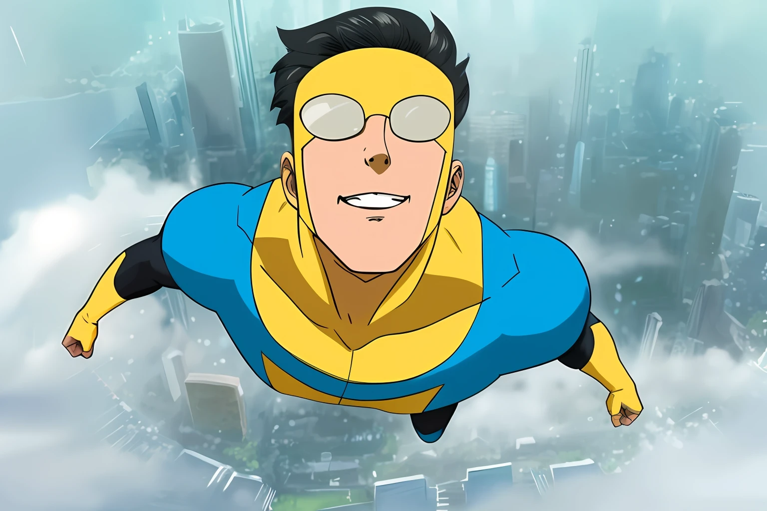 um close up de um personagem de desenho animado voando pelo ar, Omni Man vs Invincible, an epic anime of a energy man, undefeatable, superhero from the boys tv show, captura de tela do filme anime, ciclope, Art of Invincible, G - Fim do Homem, Penhasco Chiang, imagem de anime safebooru, john romita senior, Parque John, franco e bem., Tiro Completo