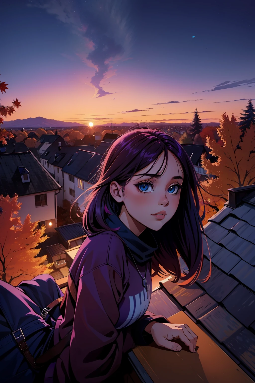 a young girls looks at the sunset sky from a roof, autumn, fall colors, leaves, trees, sky, with autumn colors and Prussian blue, cyan, ultramarine, fuchsia, purple, lots of stars