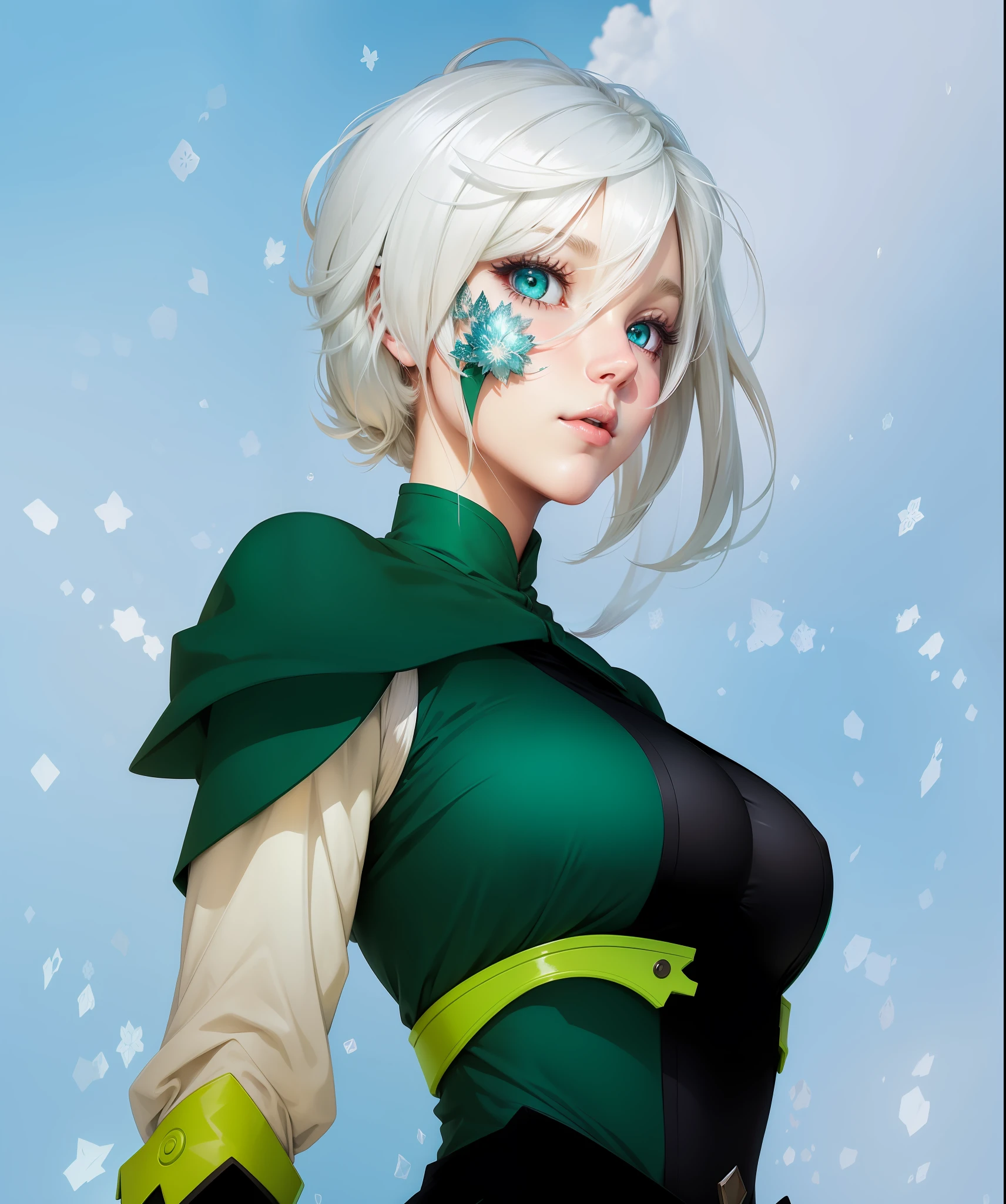 White-haired girl with big breasts, usa uma roupa verde com partes pretas, tem uma marca de floco de neve no rosto. Desenho estilo anime colorido