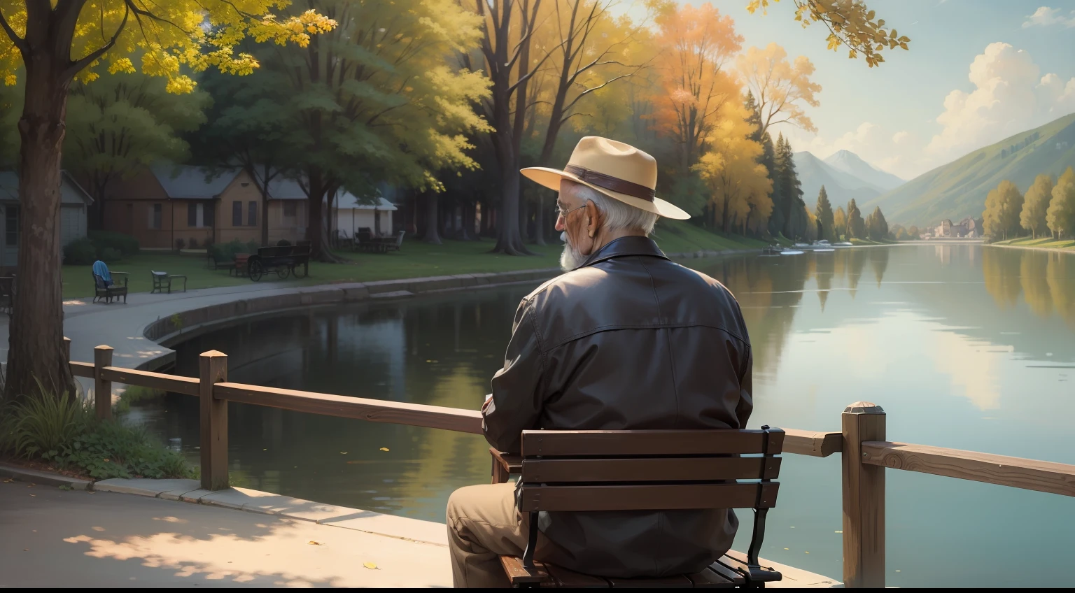 A ((masterpiece)) ((detailed)) traditional oil painting artwork of a Old man siting on a bench by a sunny day in a park surronded by buildings, lake in background.