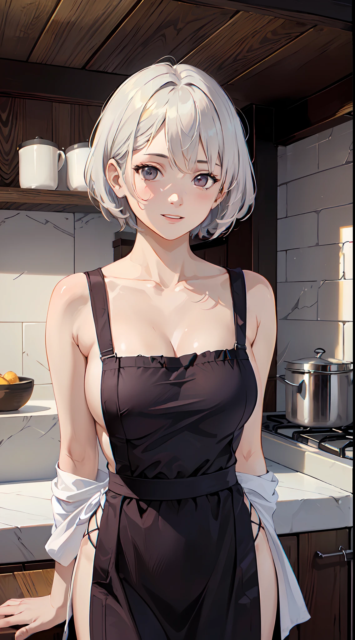 ((((masterpiece, best quality, high resolution)))), 1girl, white hair, purple eyes, bob cut, wavy hair, average breasts, blush, light smile, parted lips, glow, thighs, bare shoulders, collarbone, narrow waist, cleavage, (masterpiece), (beautiful detailed face, beautiful detailed eyes), (naked apron, kitchen, arms behind back,)