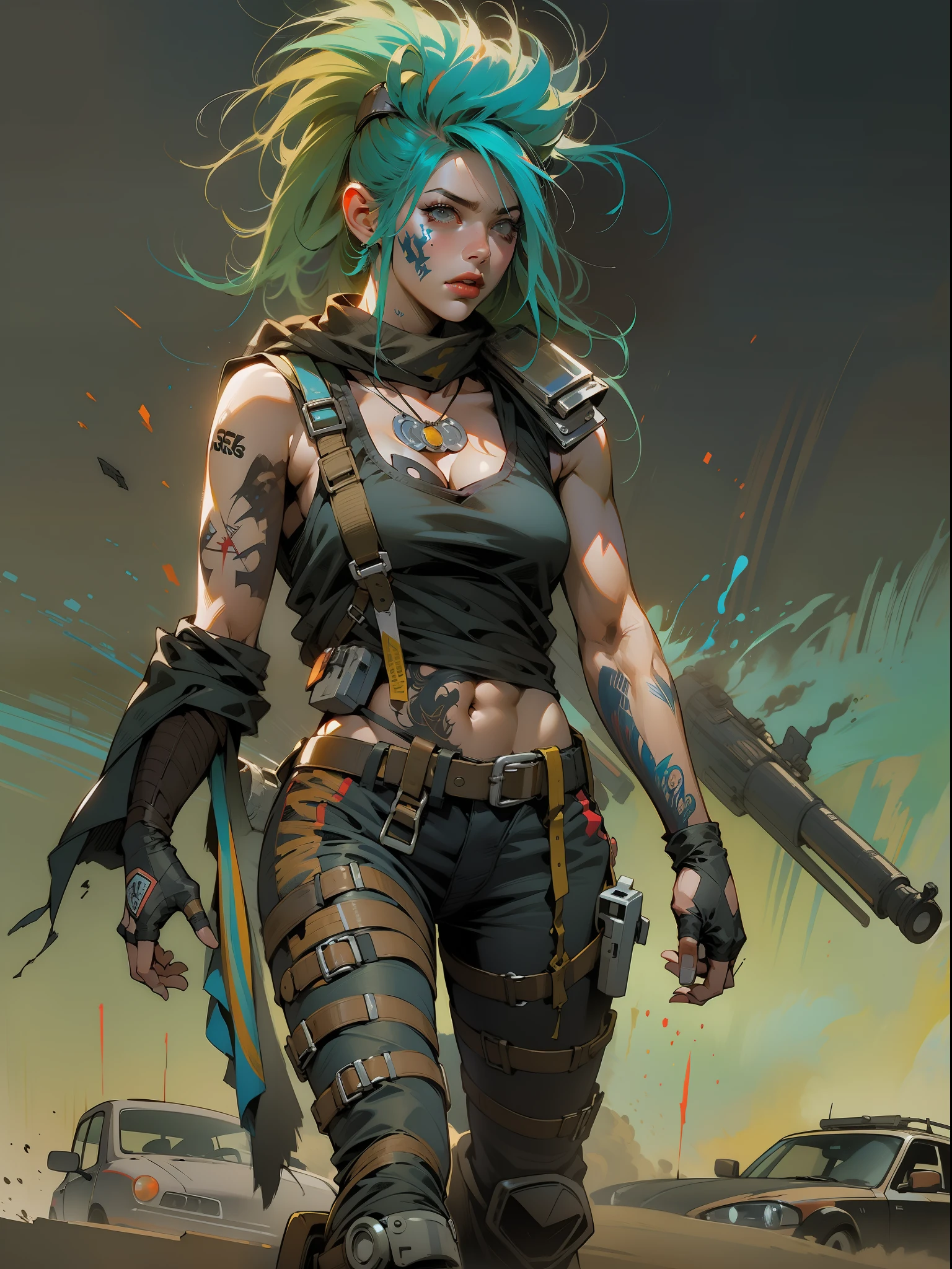 A post-apocalyptic warrior, close em uma mulher de 35 anos quase nua no estilo Simon Bisley em um carro estilo Mad Max futurista usada pelo tempo;, cabelo moicano colorido, Minimum clothing, roupas curtas, rage2vehicle