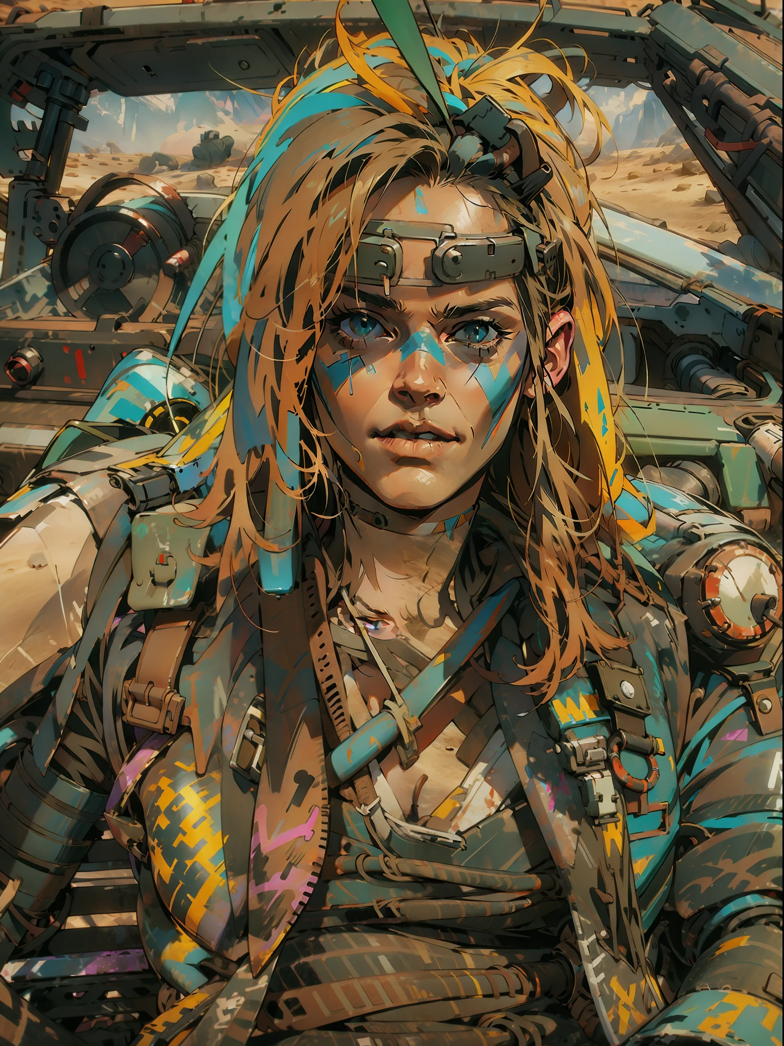 A post-apocalyptic warrior, close em uma mulher de 35 anos quase nua no estilo Simon Bisley em um carro estilo Mad Max futurista usada pelo tempo;, cabelo moicano colorido, Minimum clothing, roupas curtas, rage2vehicle