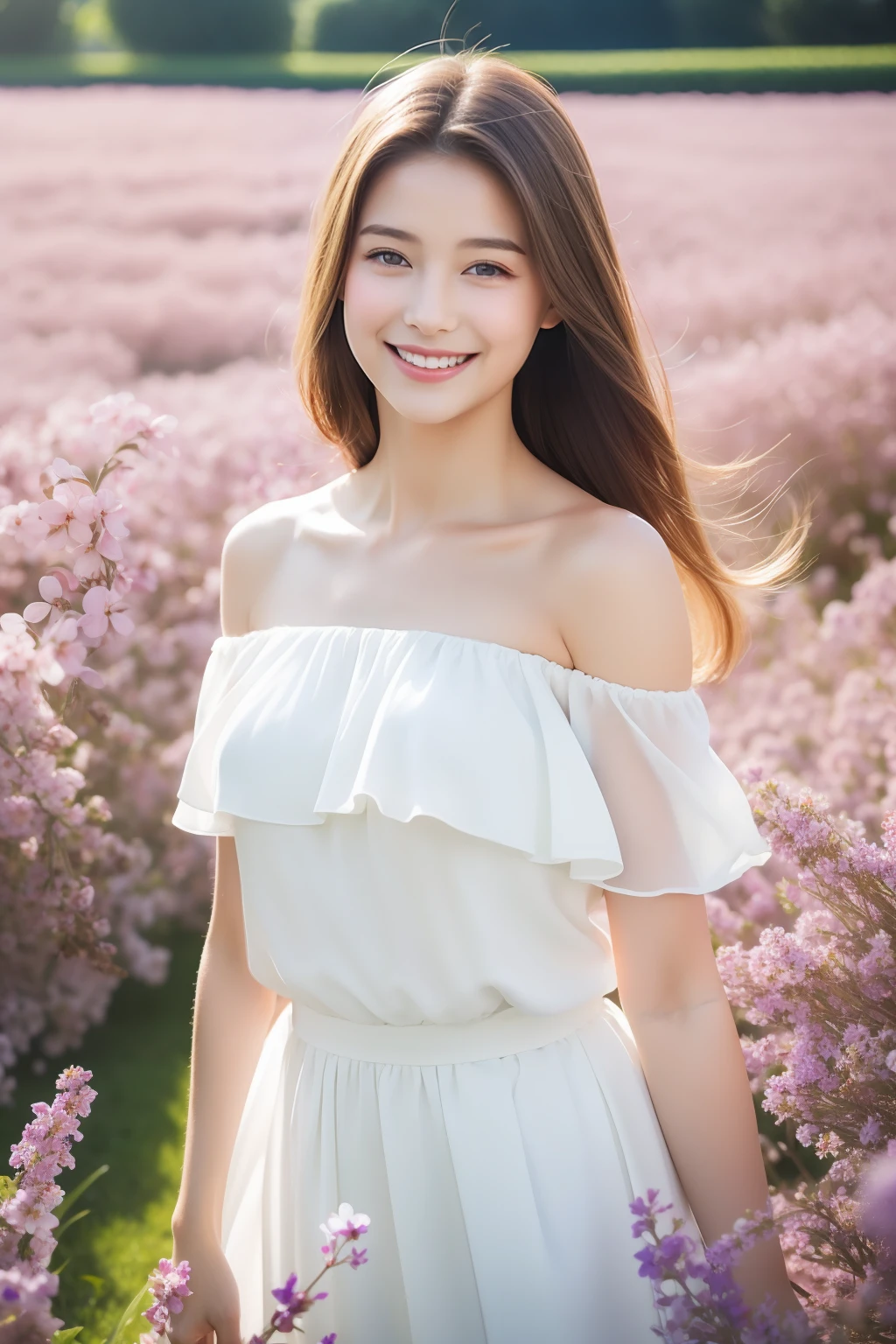 Best quality, masterpiece, ultra high res, (photorealistic:1.4), raw photo, 1girl, white dress, off shoulder, blossom violet flower field, glowing skin, light smile