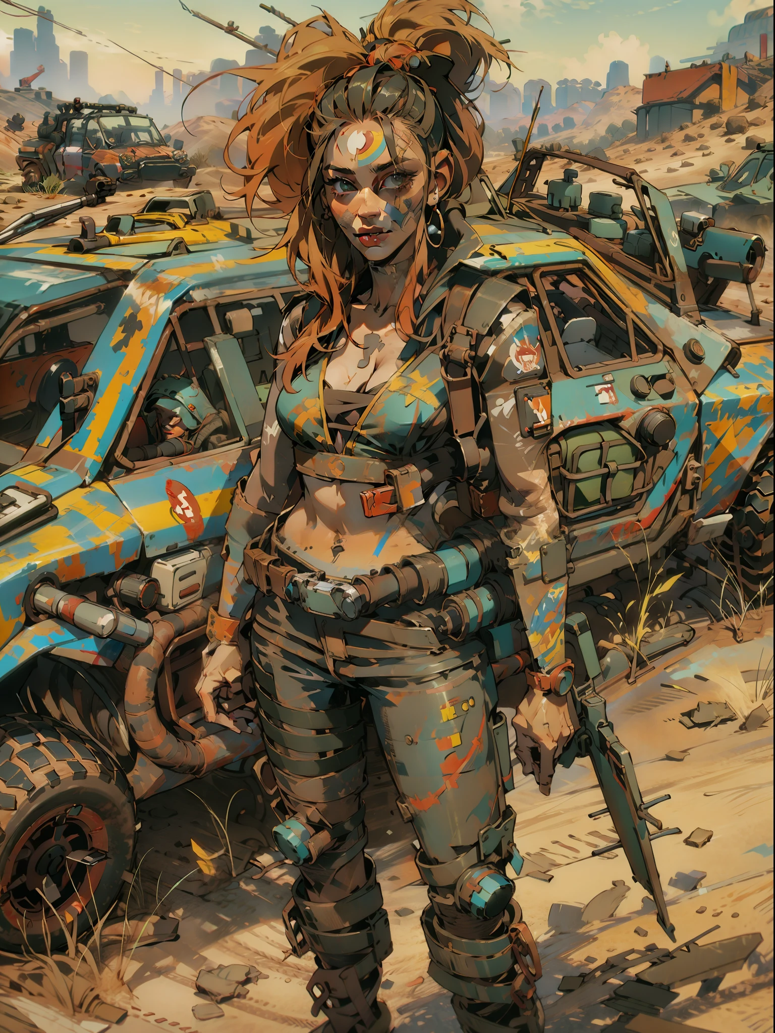 A post-apocalyptic warrior, close em uma mulher de 35 anos quase nua no estilo Simon Bisley em um carro estilo Mad Max futurista usada pelo tempo;, cabelo moicano colorido, Minimum clothing, roupas curtas, rage2vehicle