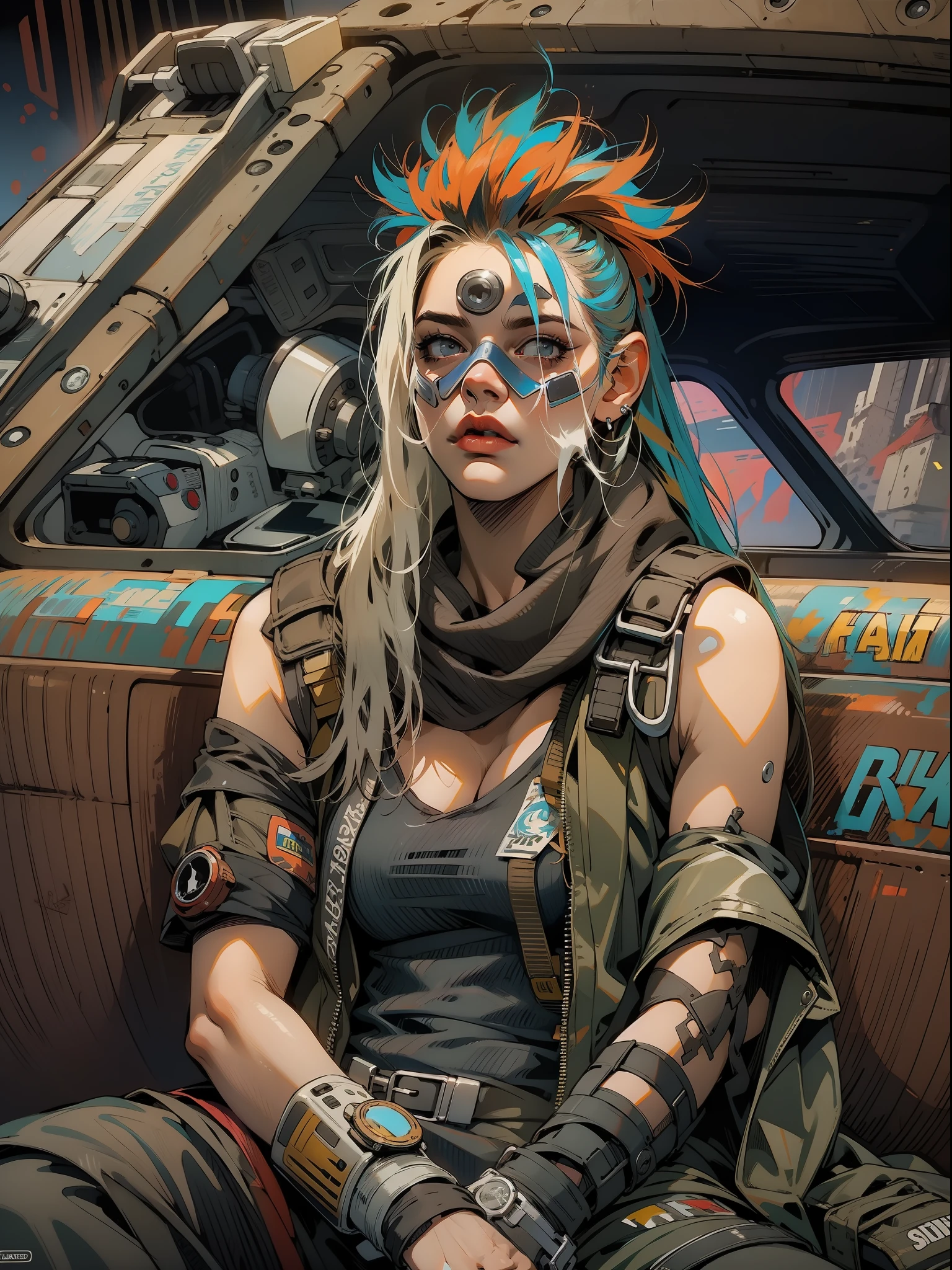 A post-apocalyptic warrior, close em uma mulher de 35 anos quase nua no estilo Simon Bisley em um carro estilo Mad Max futurista usada pelo tempo;, cabelo moicano colorido, Minimum clothing, roupas curtas, rage2vehicle